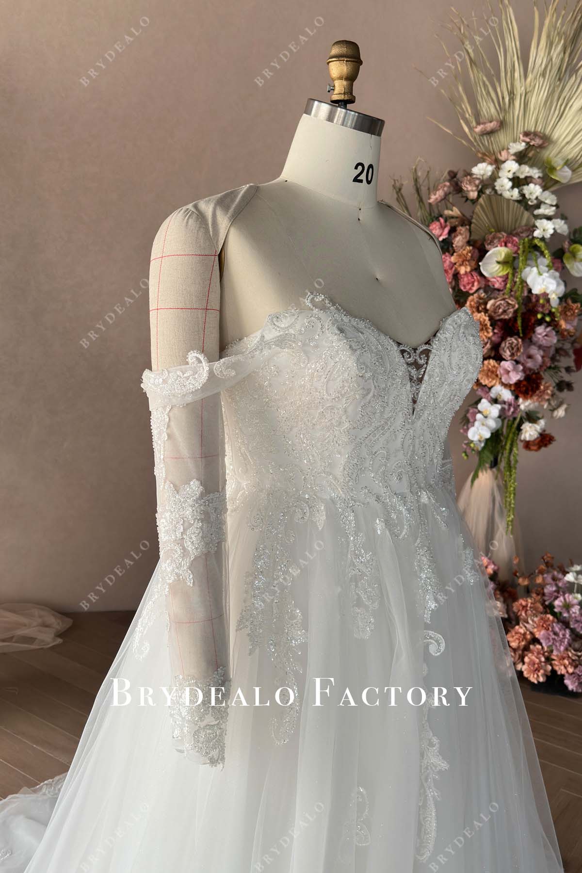 sheer long sleeves beaded lace wedding gown