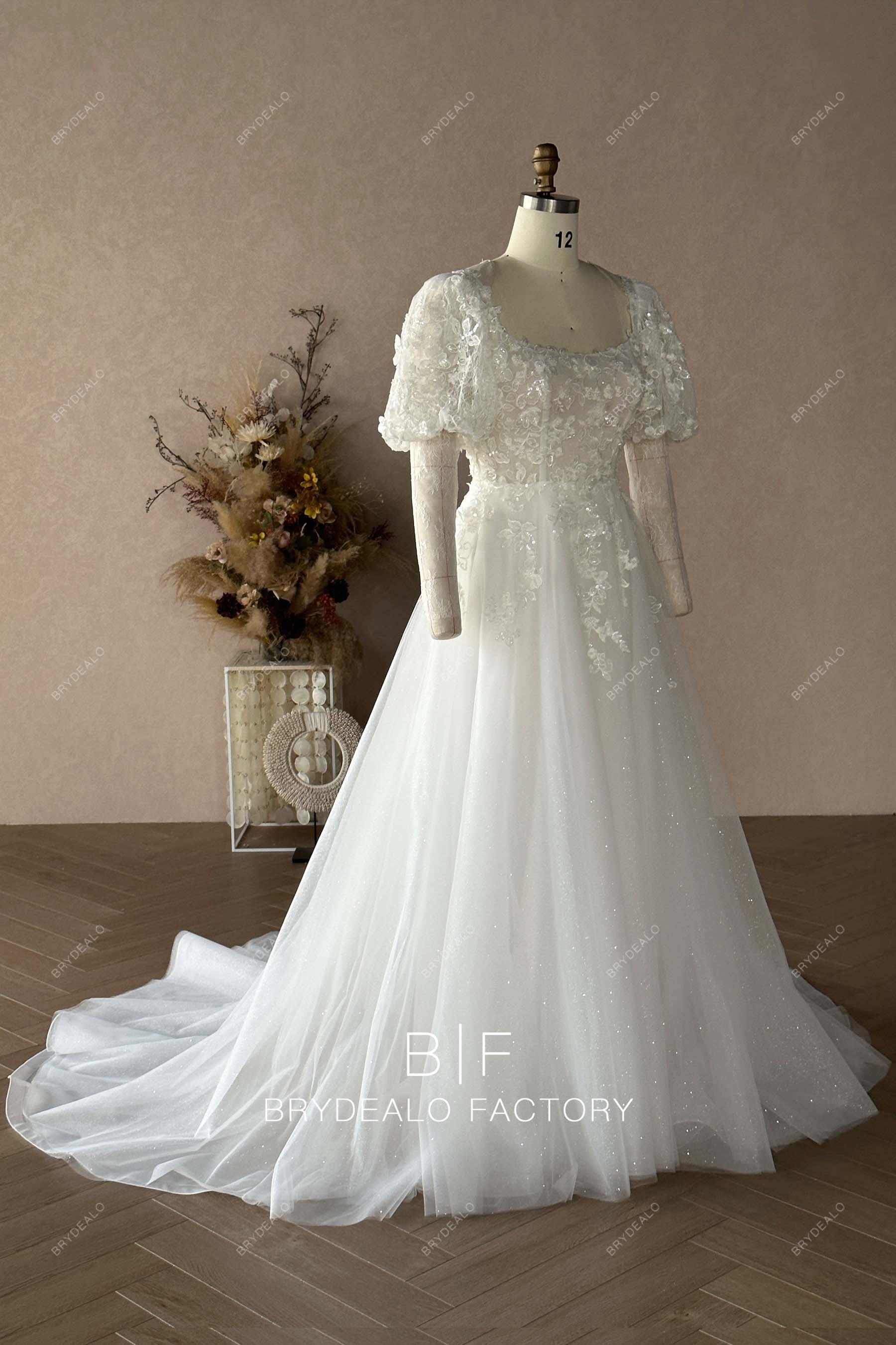 Long Train Puffy Sleeves Custom Wedding Ball Gown 