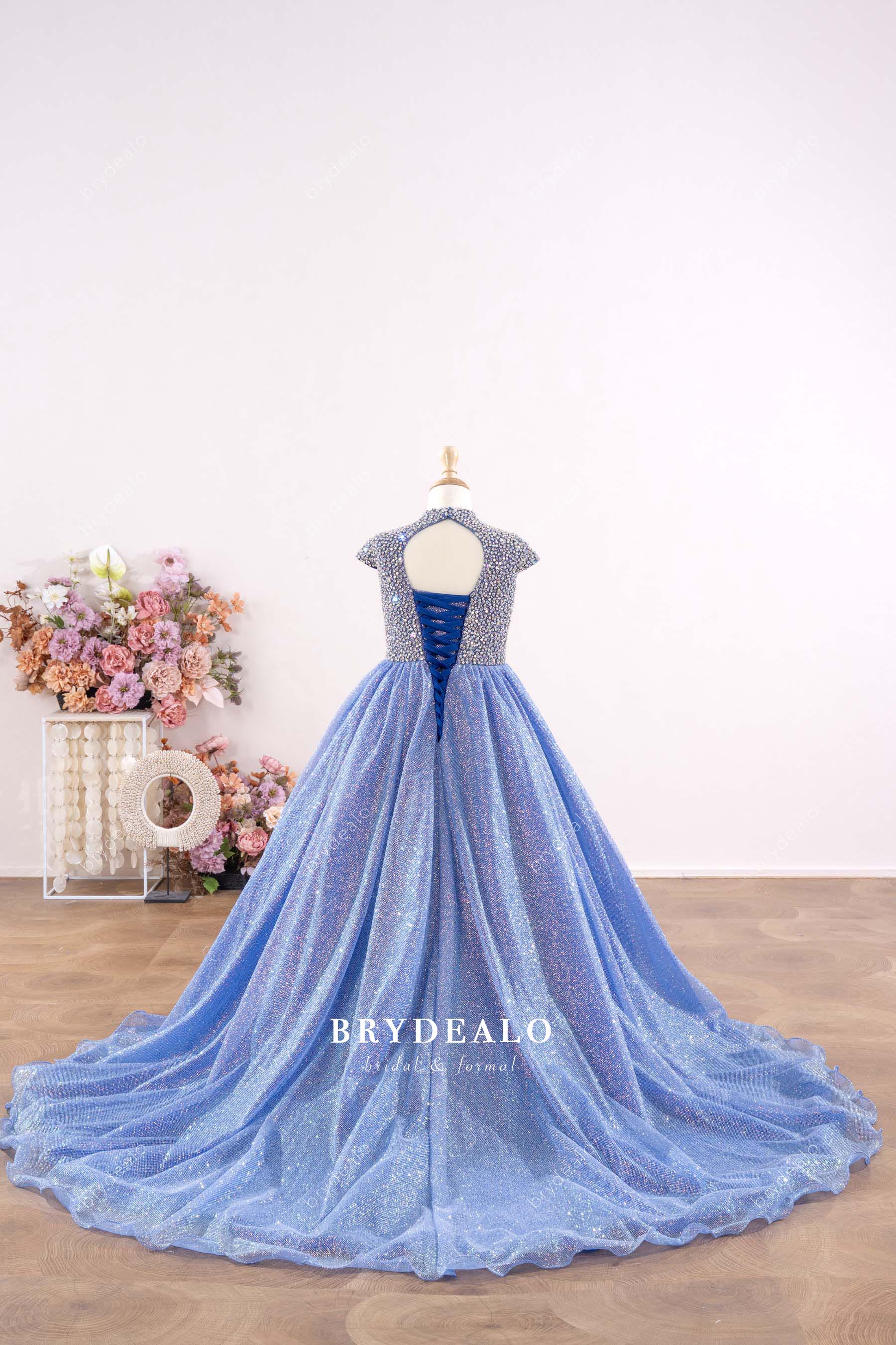 long train blue sparkly kids pageant gown