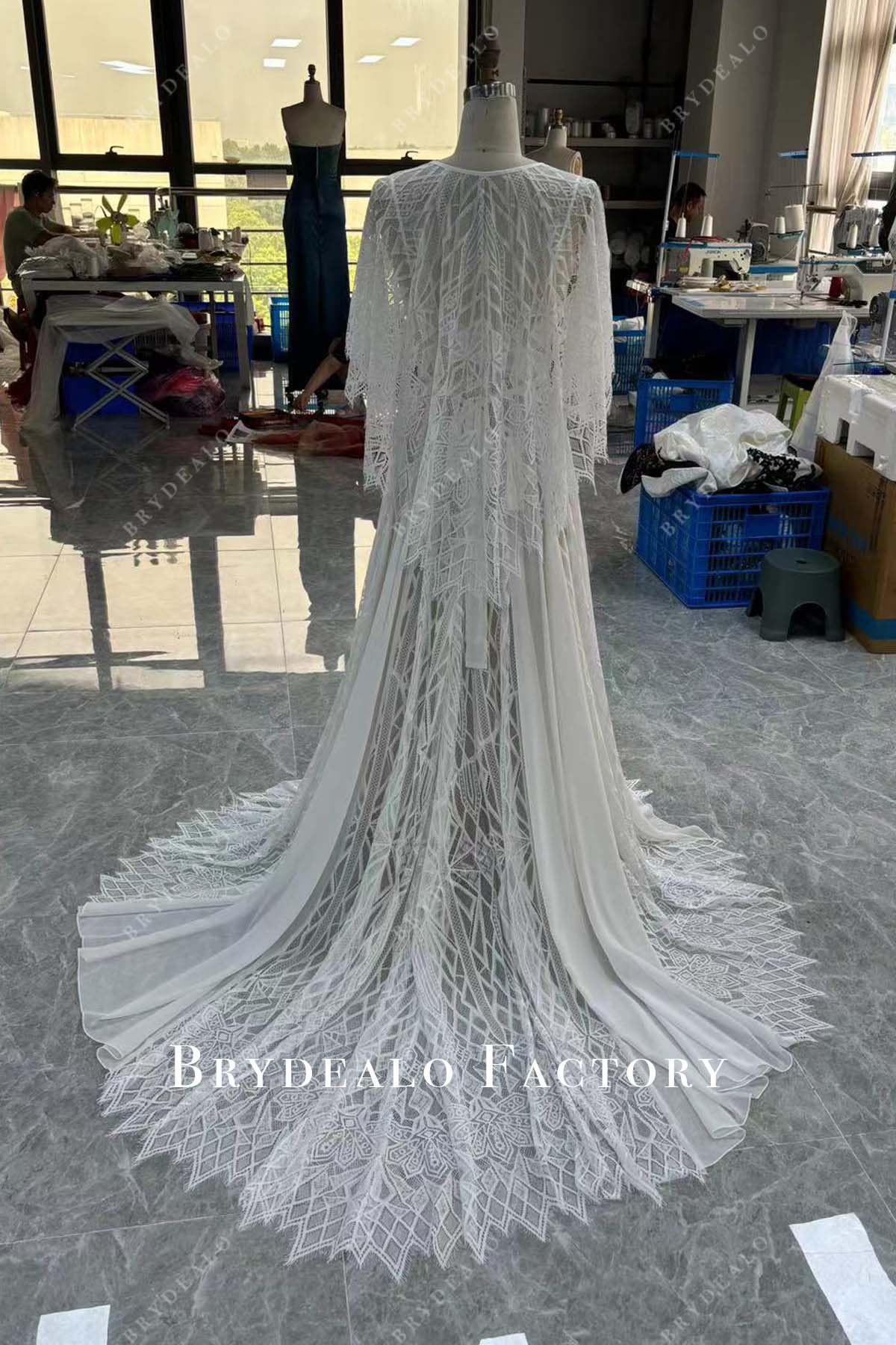 cape long train lace bridal gown