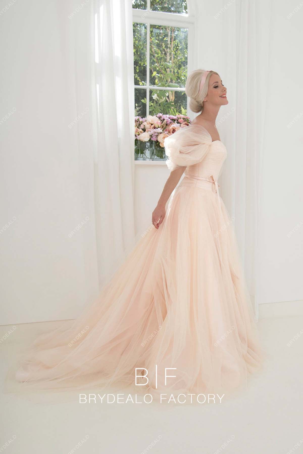 pearl pink long train overskirt bridal dress