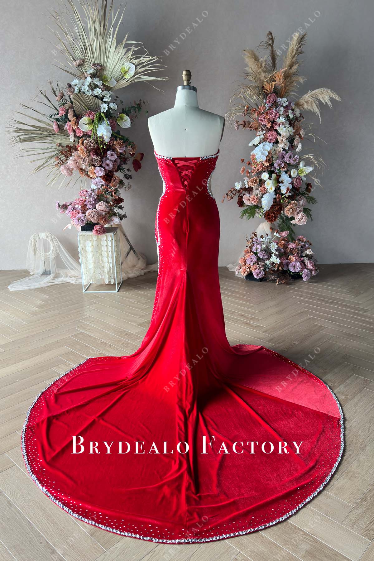 strapless long train corset red prom gown