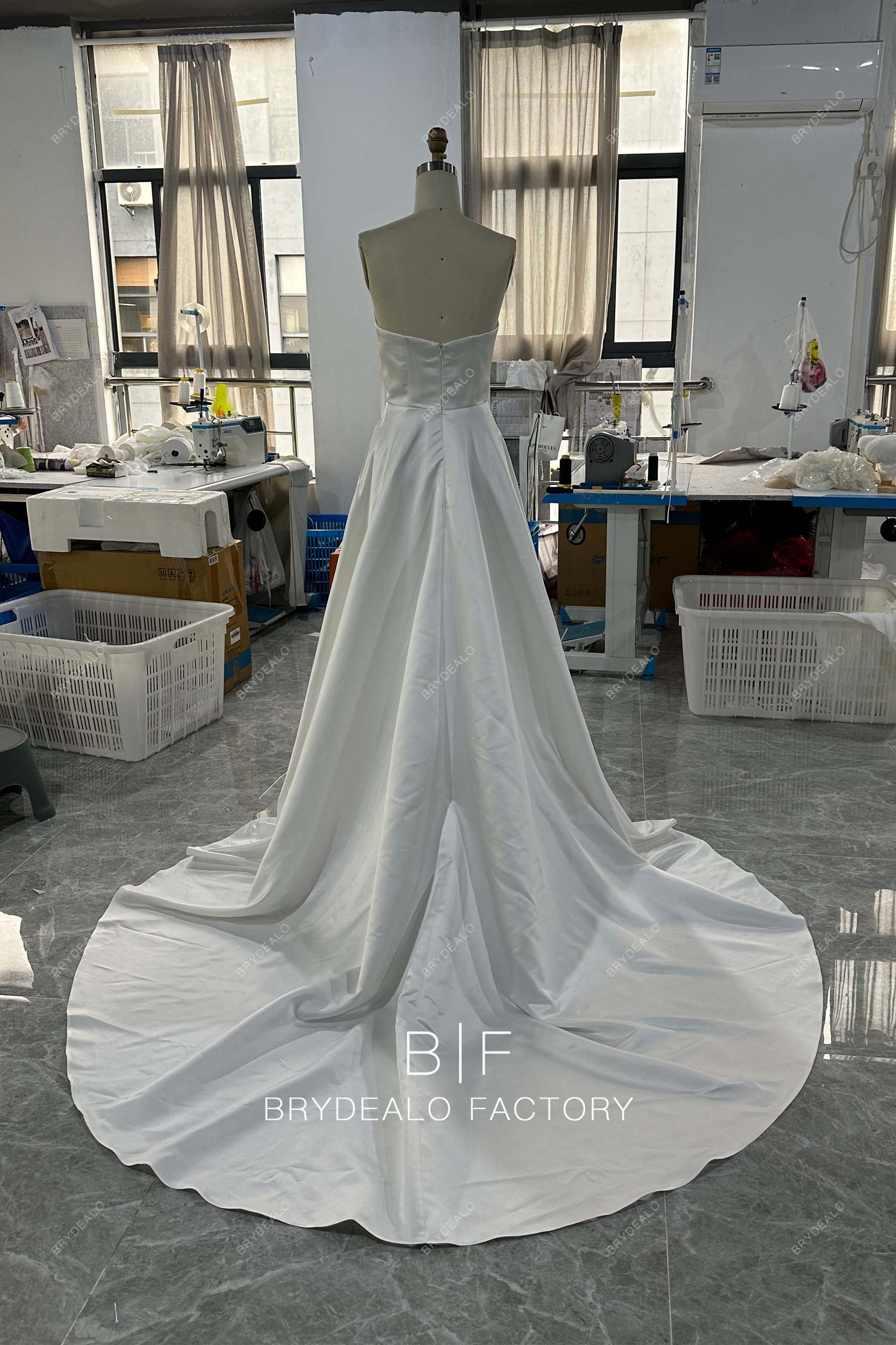long train satin strapless A-line wedding gown