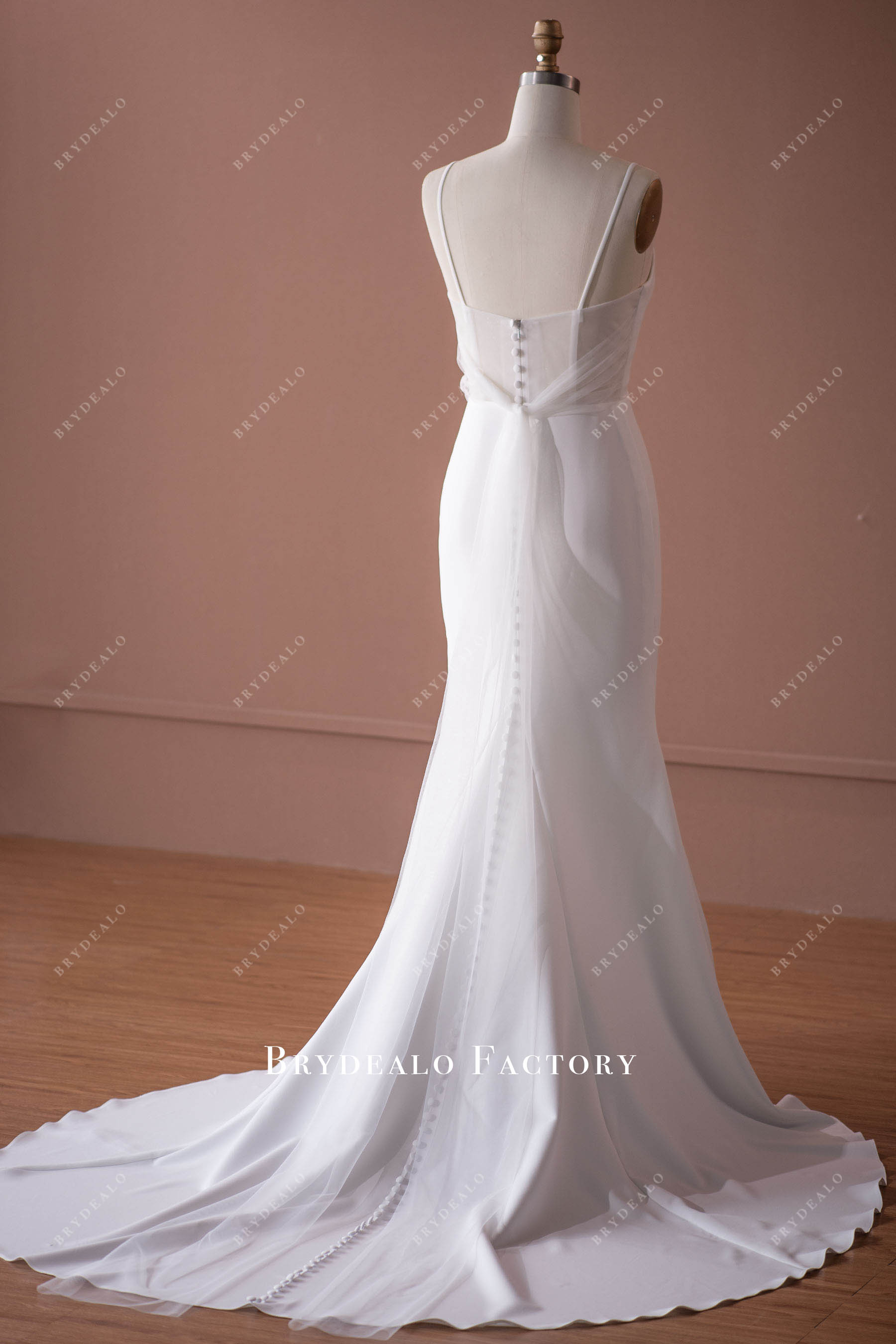 long tulle sash closure buttoned wedding dress