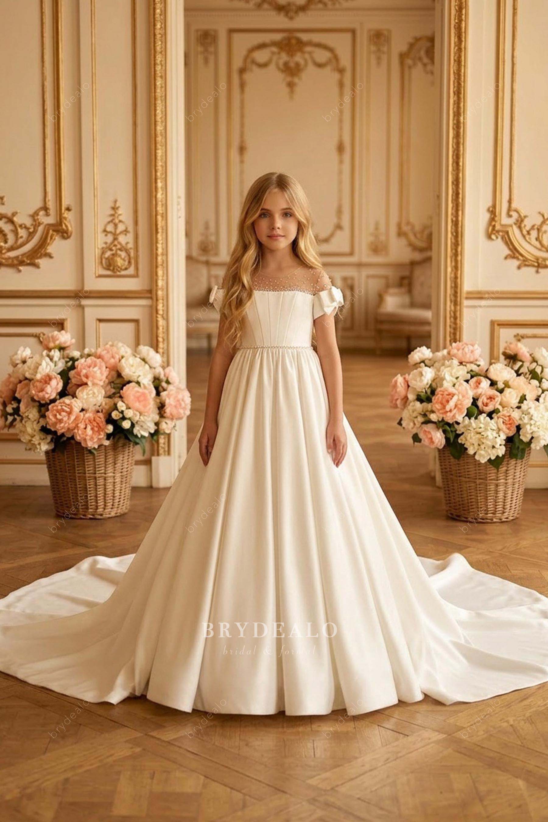 luxury illusion pearl neck first communion dress