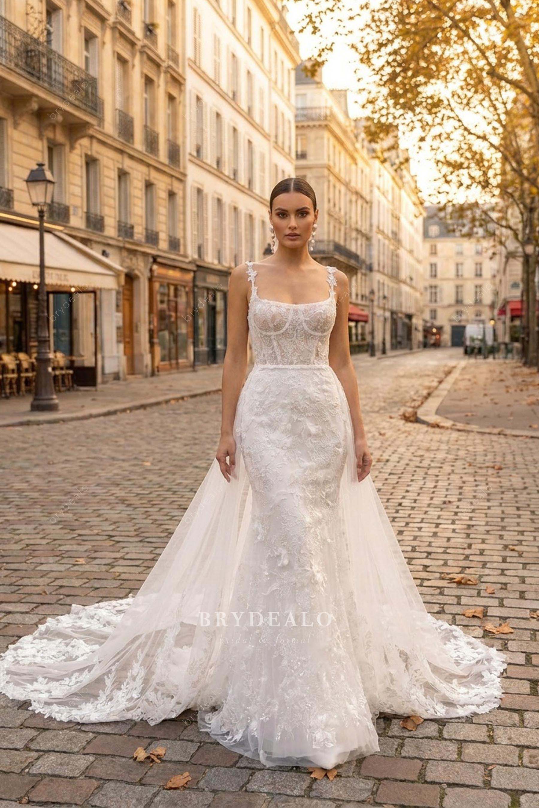luxury overskirt flower lace wedding dress