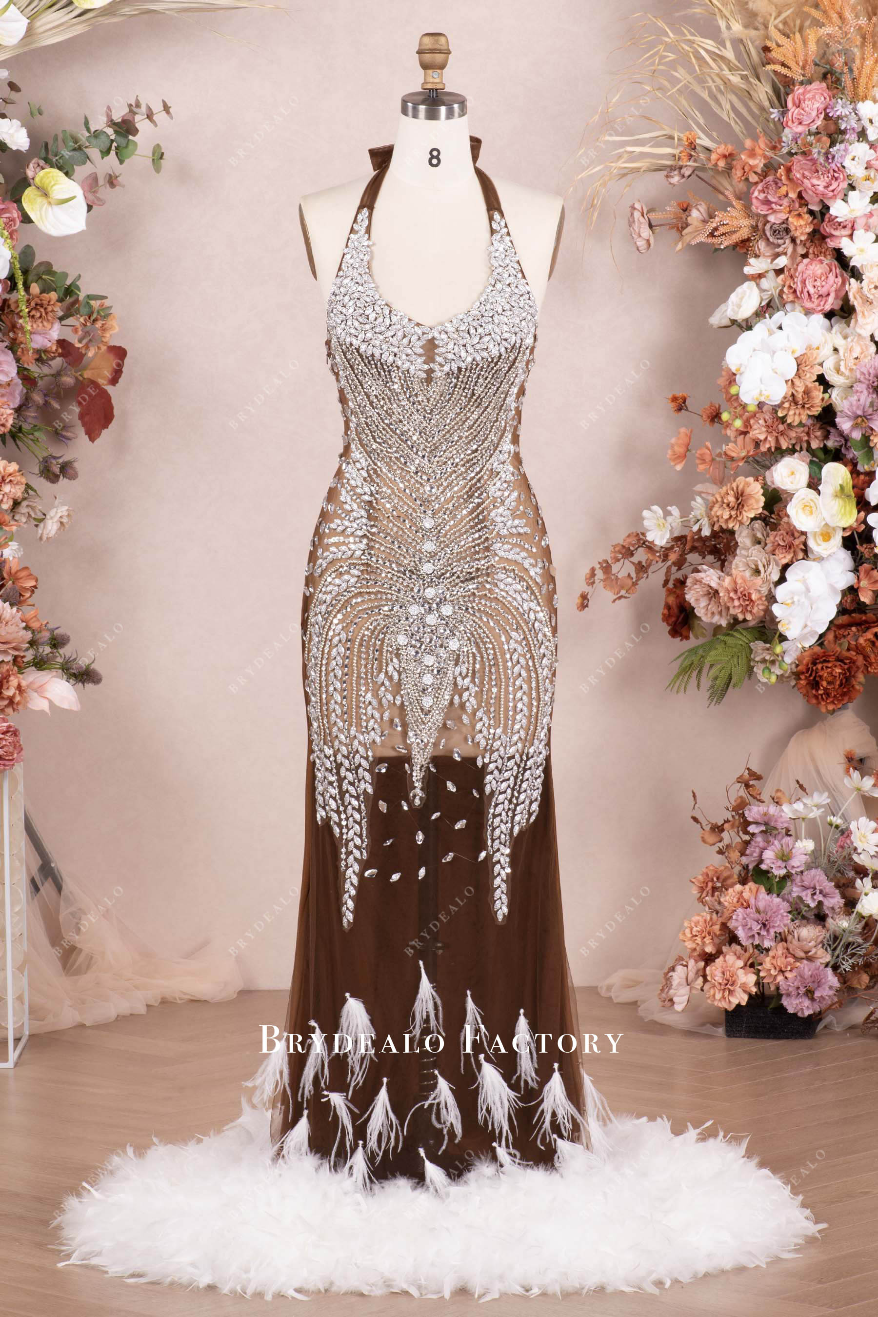 luxury rhinestone feather fit flare prom dress