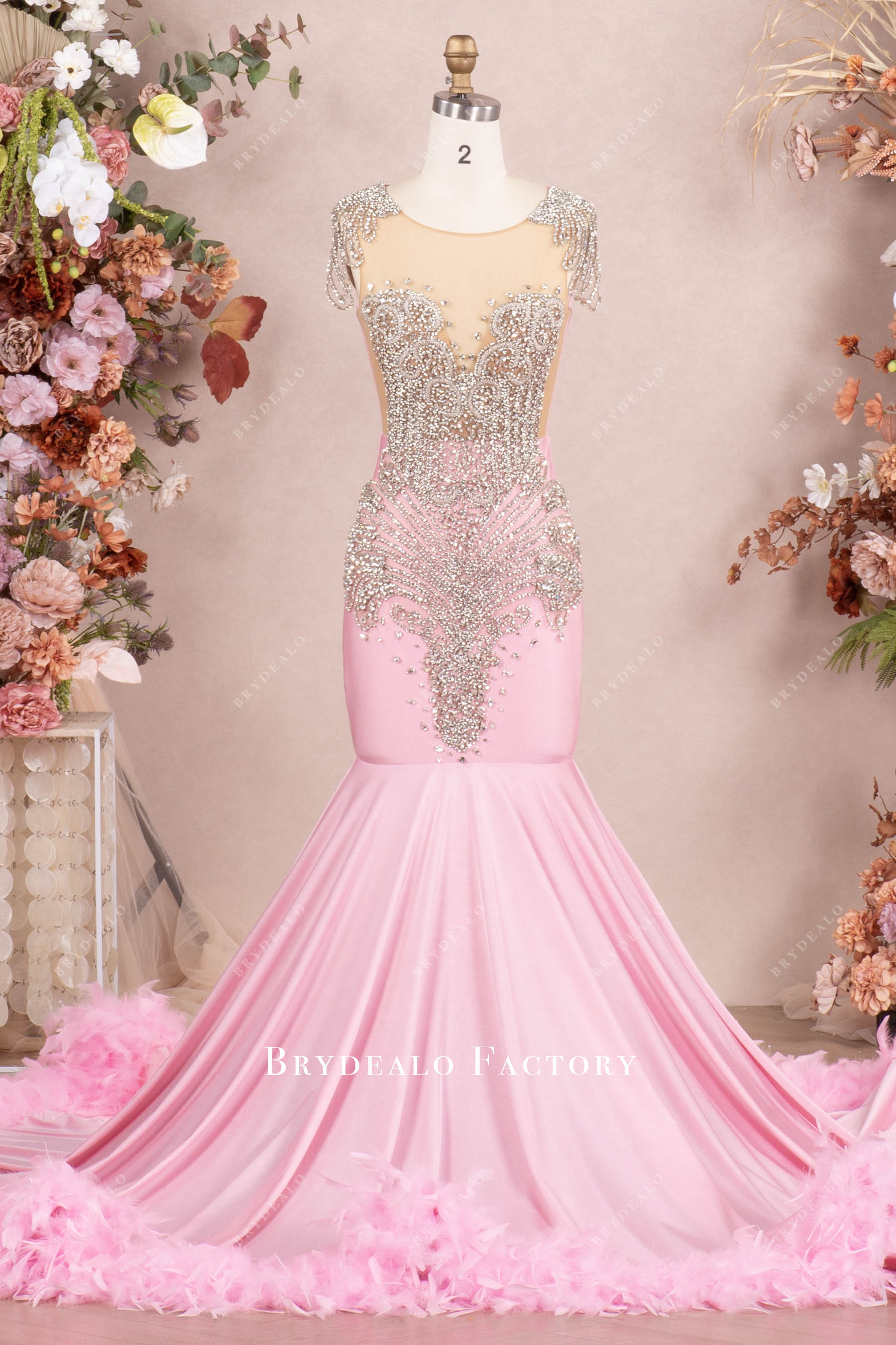 Pink Rhinestone Chapel Feather Train Mermaid Prom Dress