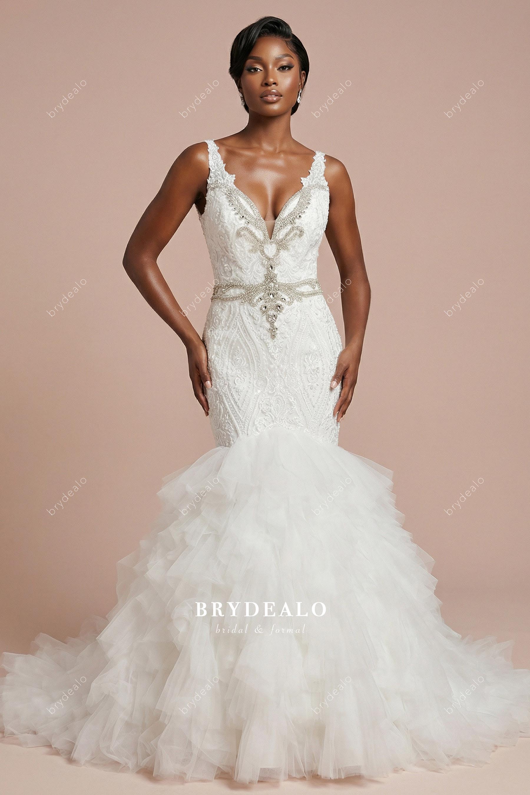 luxury ruffled trumpet wedding dress