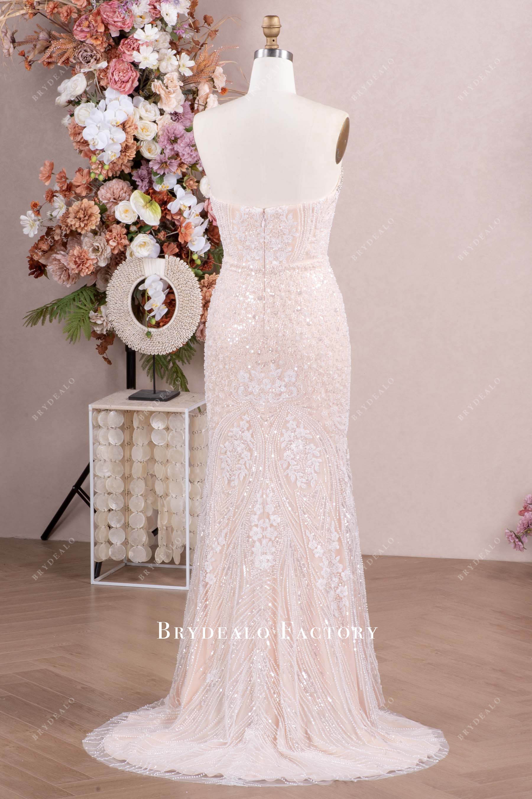 luxury strapless beaded lace wedding dress