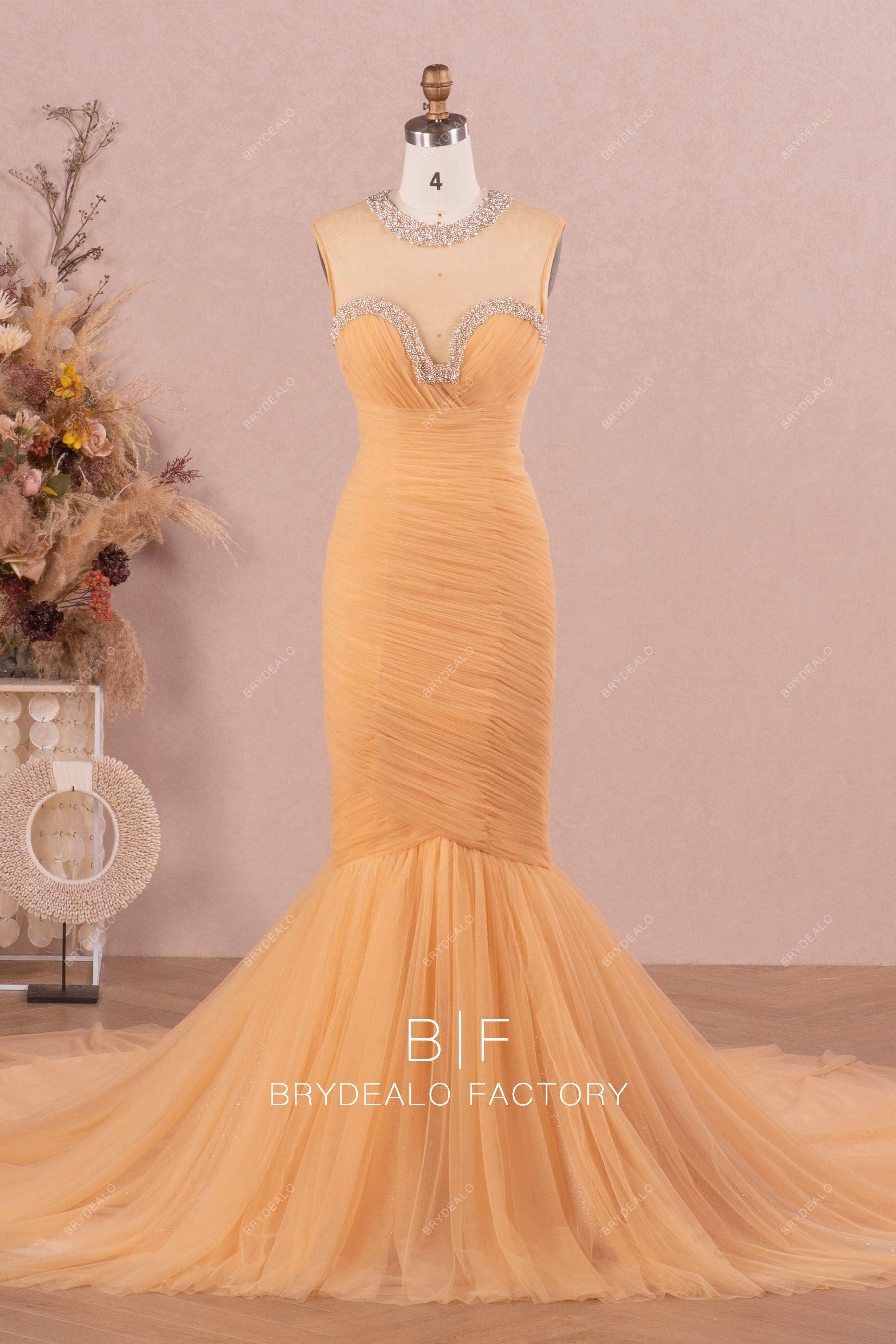 marigold pleated tulle mermaid wedding dress