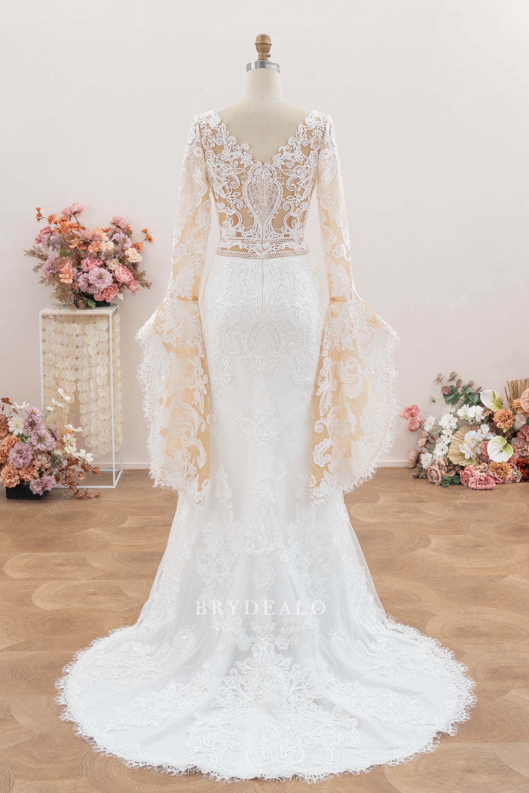 Boho Beaded Lace Bell Sleeves Fit and Flare Wedding Gown