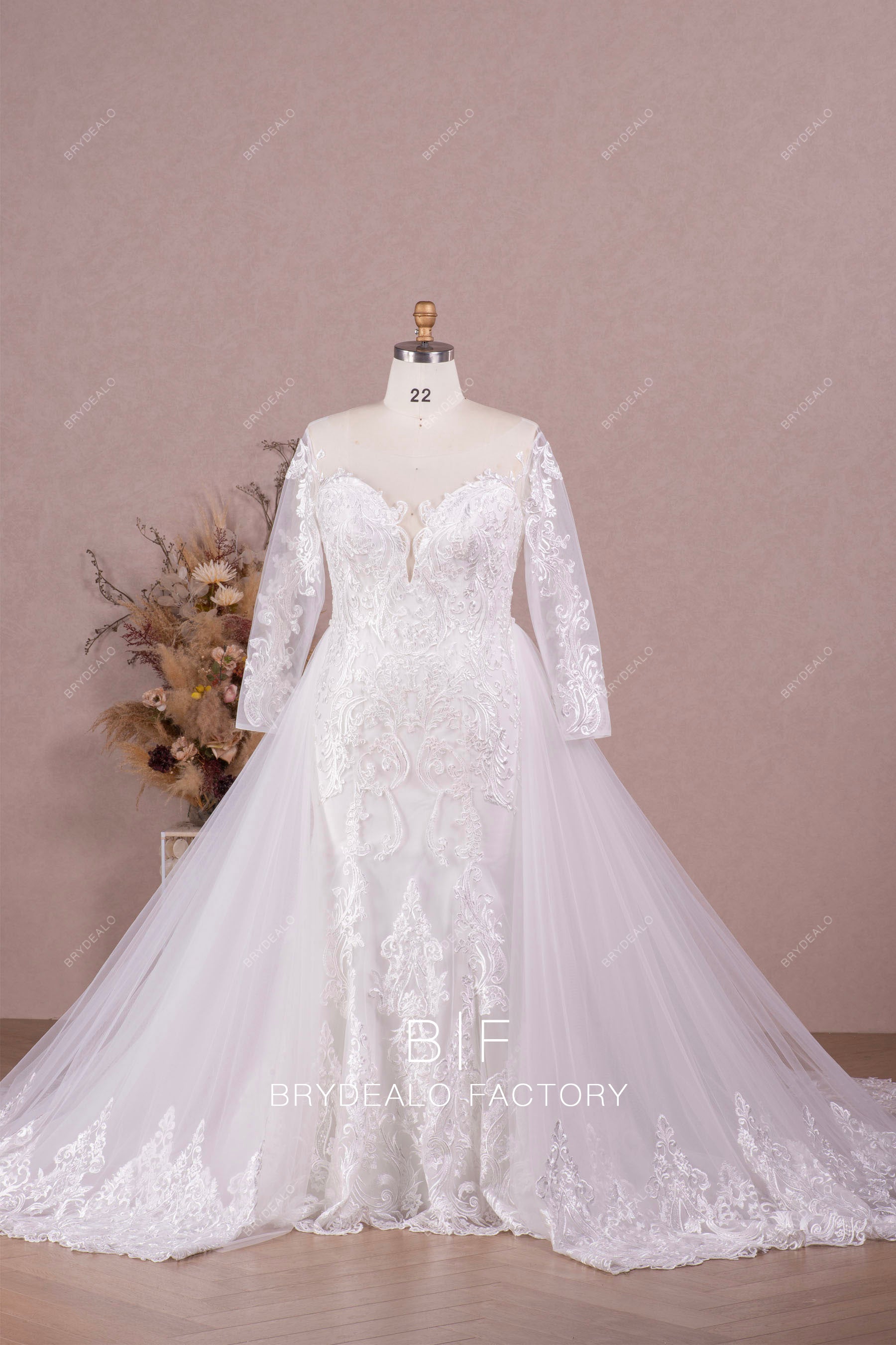 mermaid lace wedding dress with overskirt