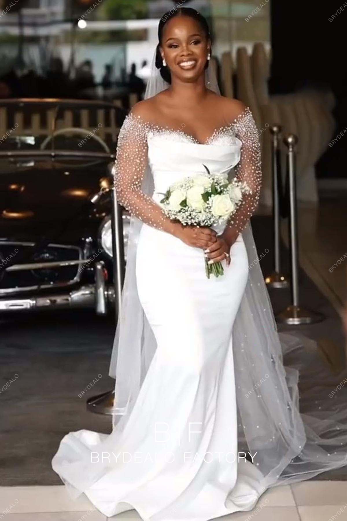 Luxury Rhinestones Long Sleeve Mermaid Wedding Dress with Overskirt BR20231978