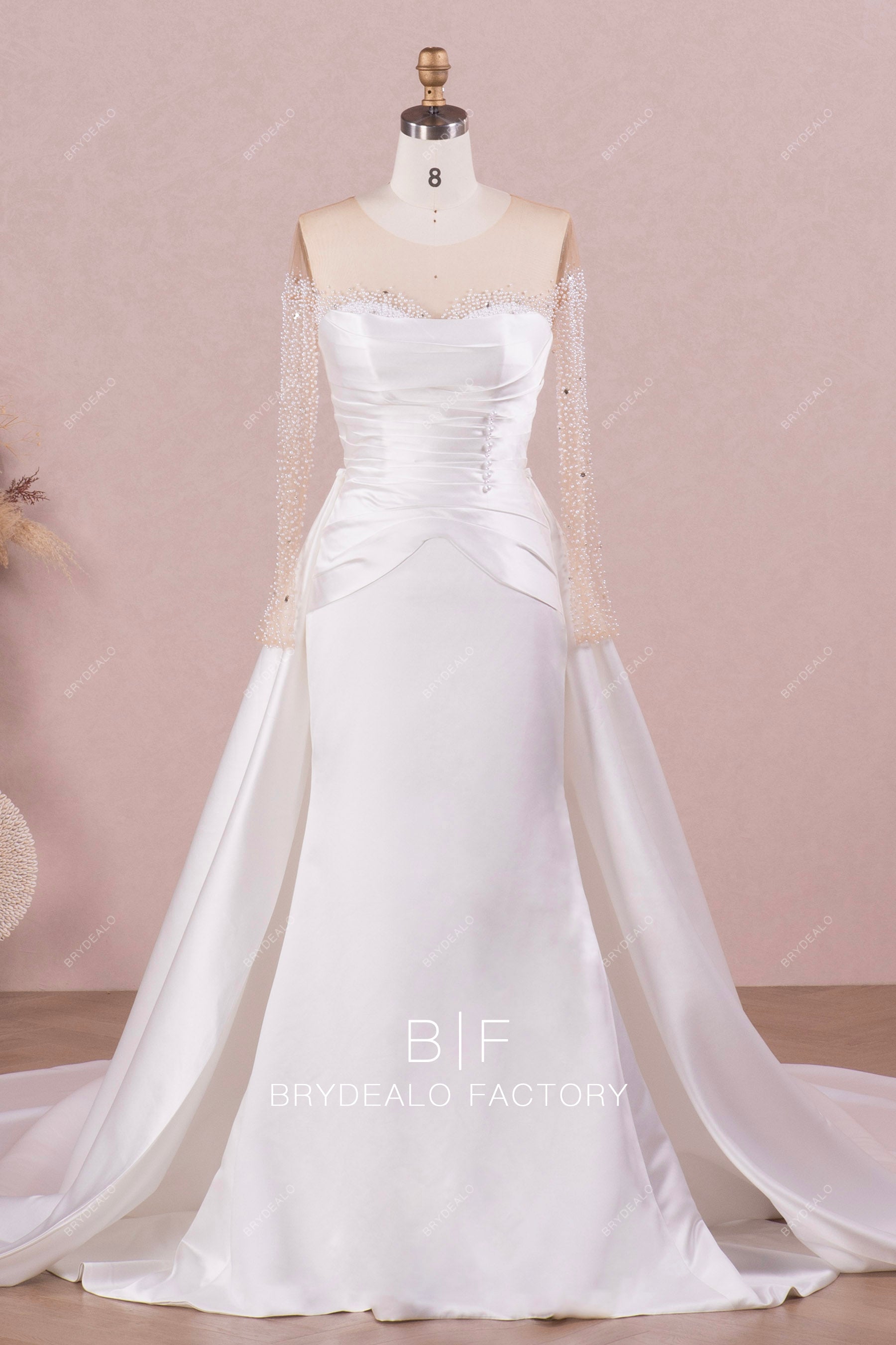 mermaid satin wedding dress with overskirt