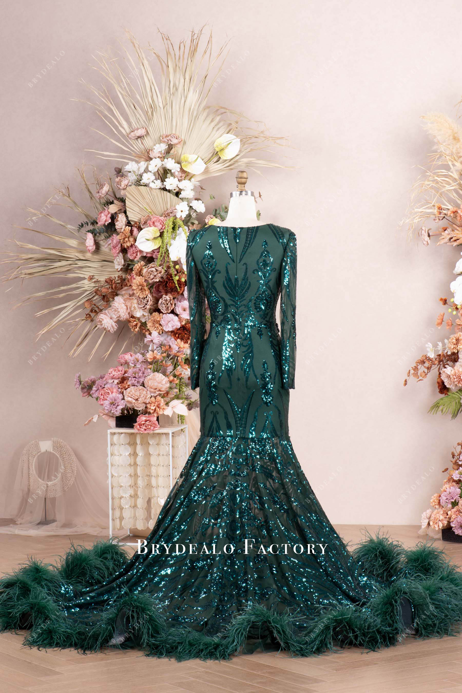 mermaid sequin long feather prom dress