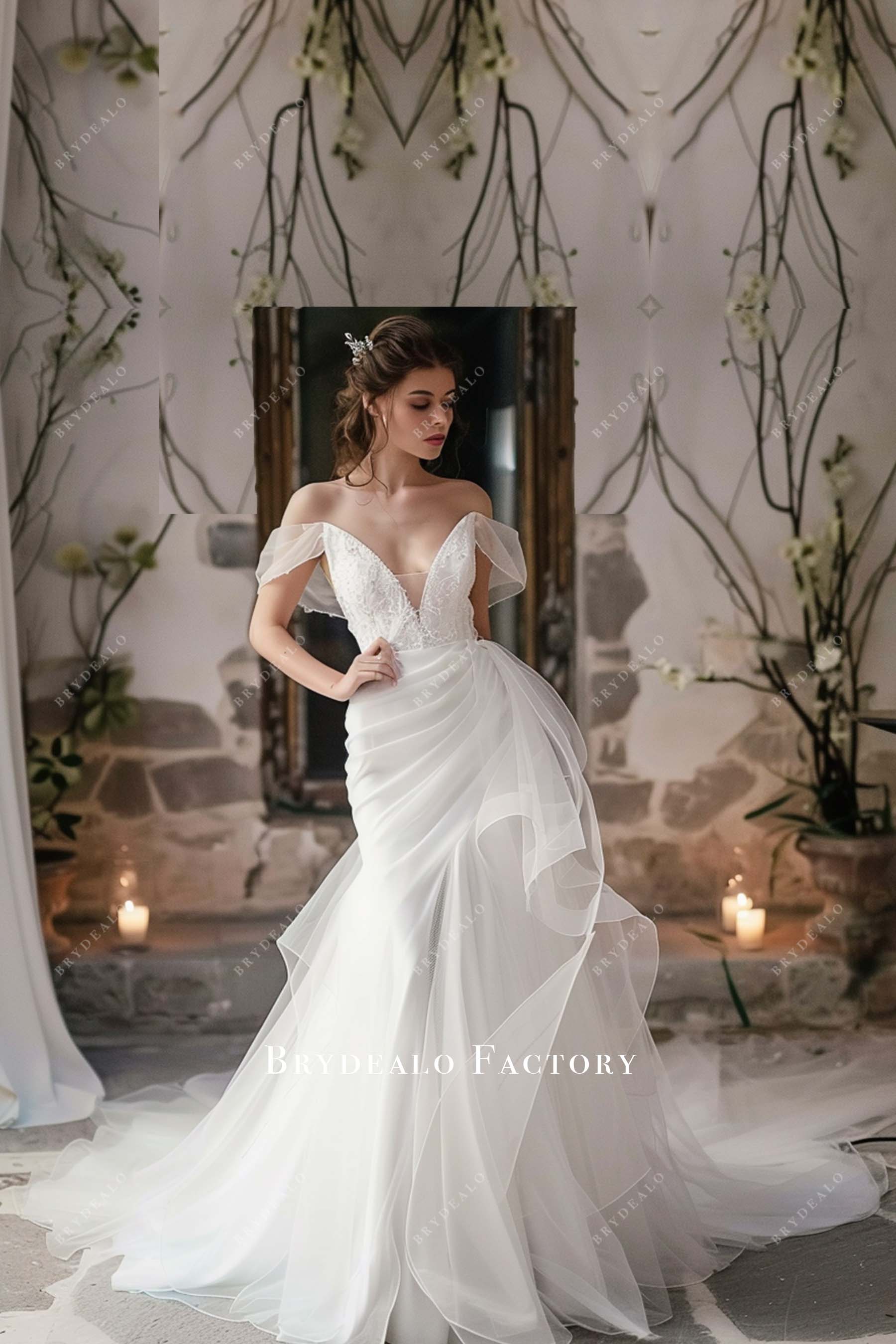 Plunging Off Shoulder Lace Fit and Flare Bridal Gown