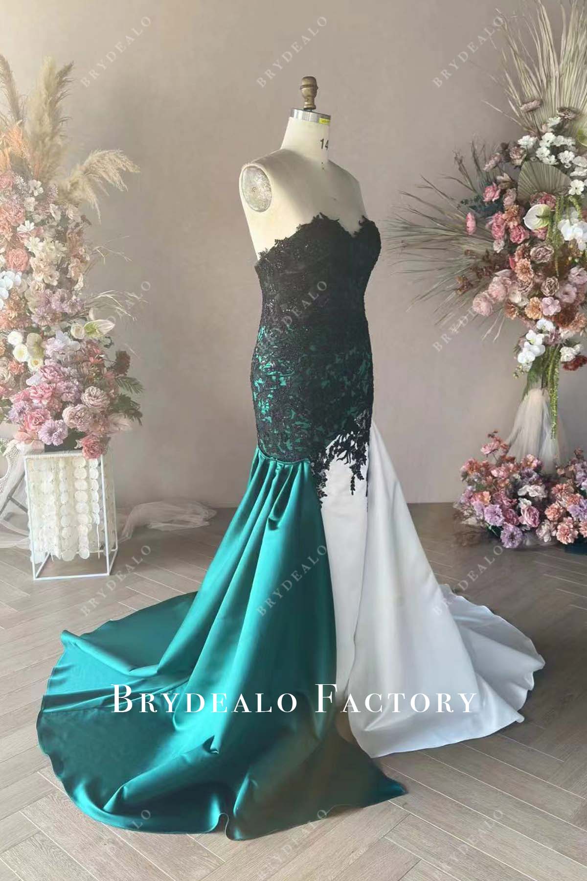 long trian mermaid green lace wedding gown
