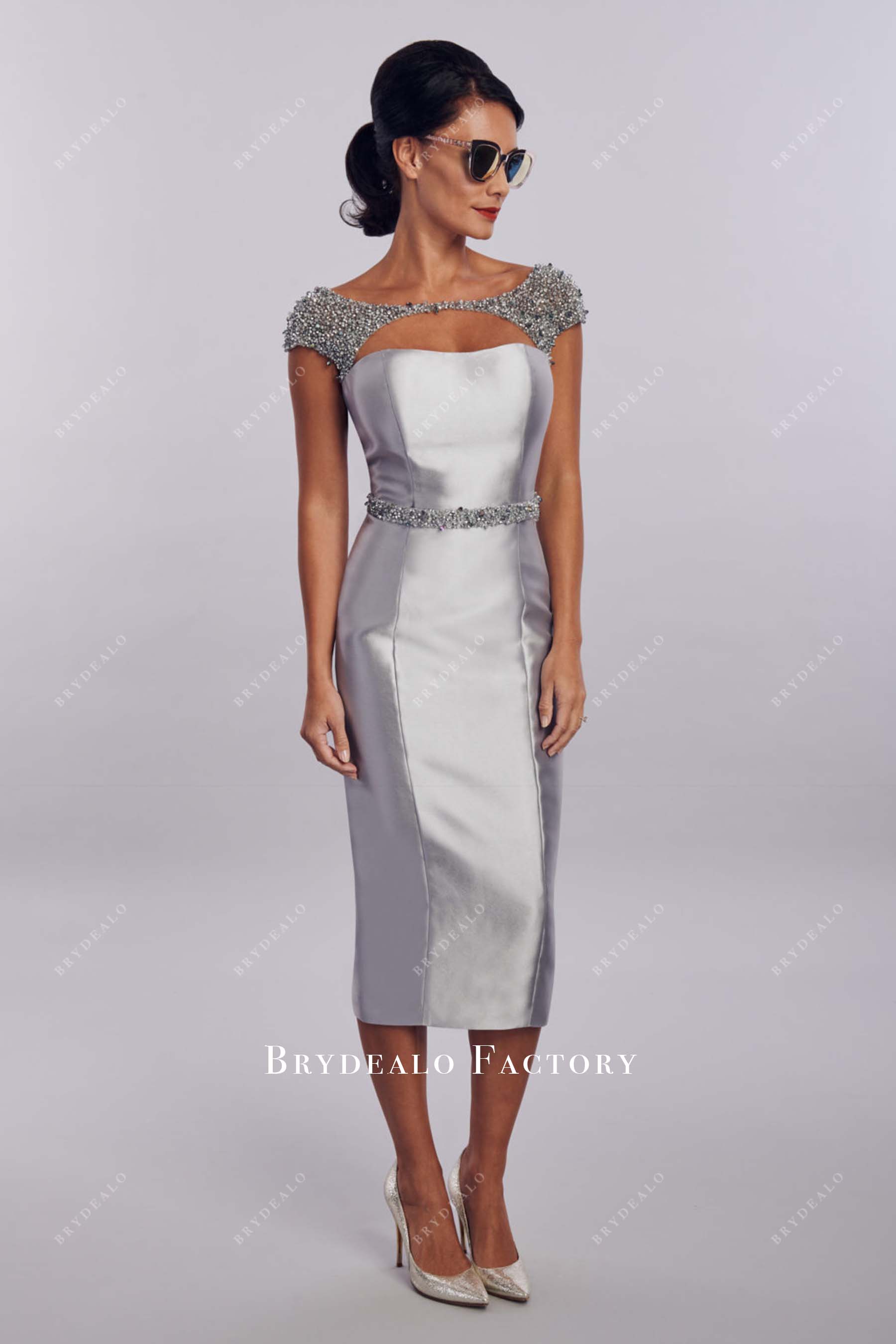 metallic silver beaded mother of bride dress