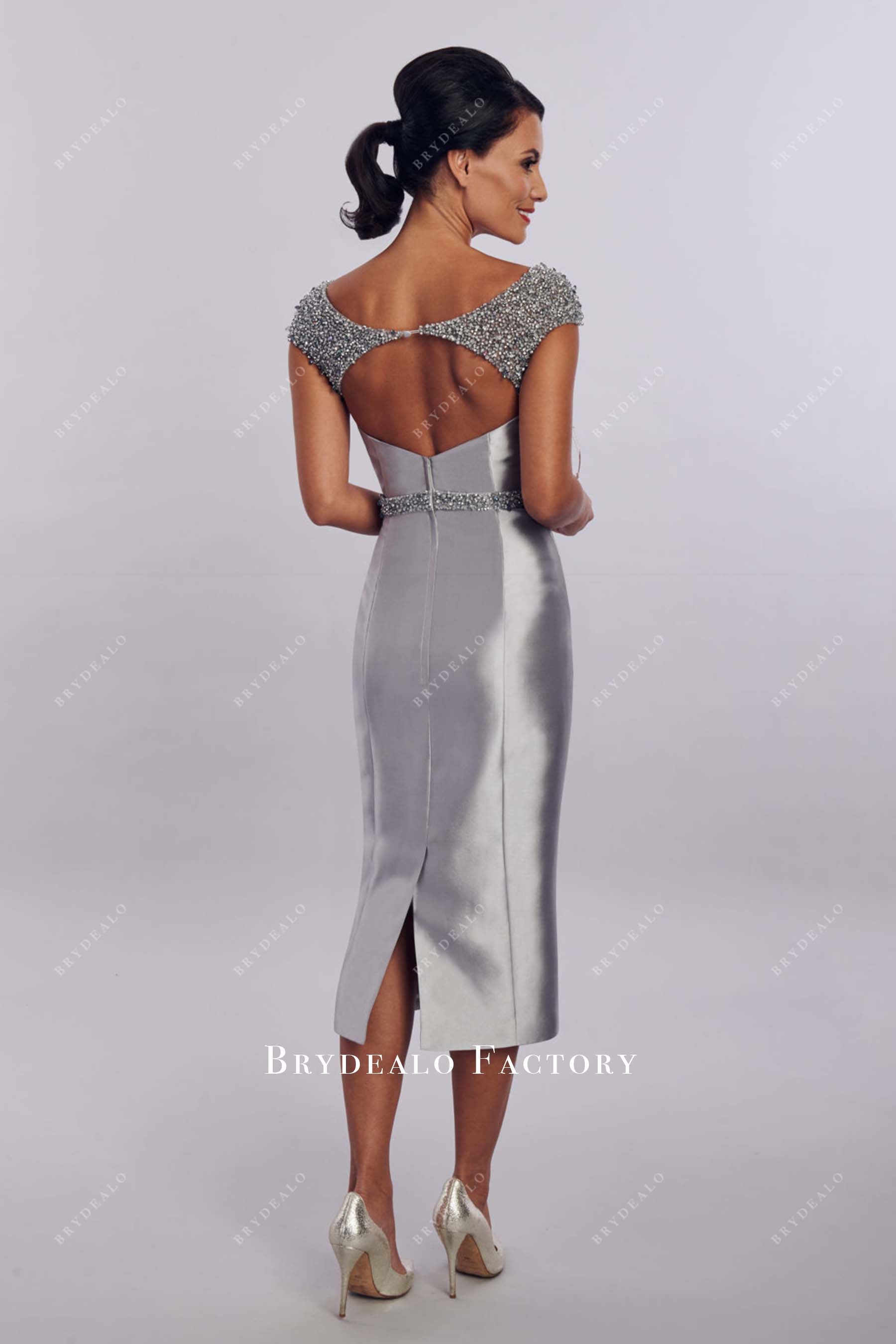 metallic silver keyhole back mother of bride dress