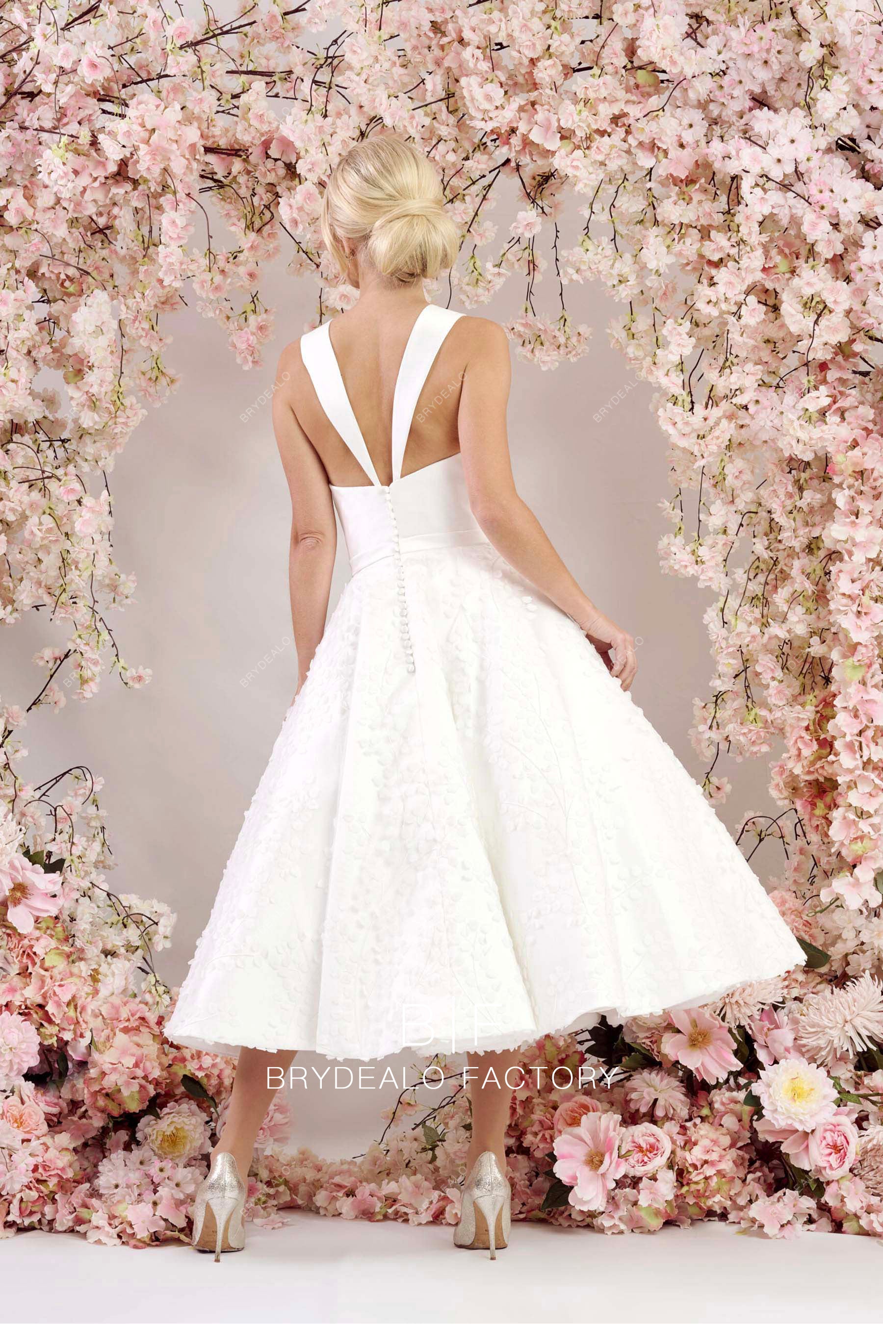 Mikado Satin 3D Lace Short Dress Pocket Wedding Dress