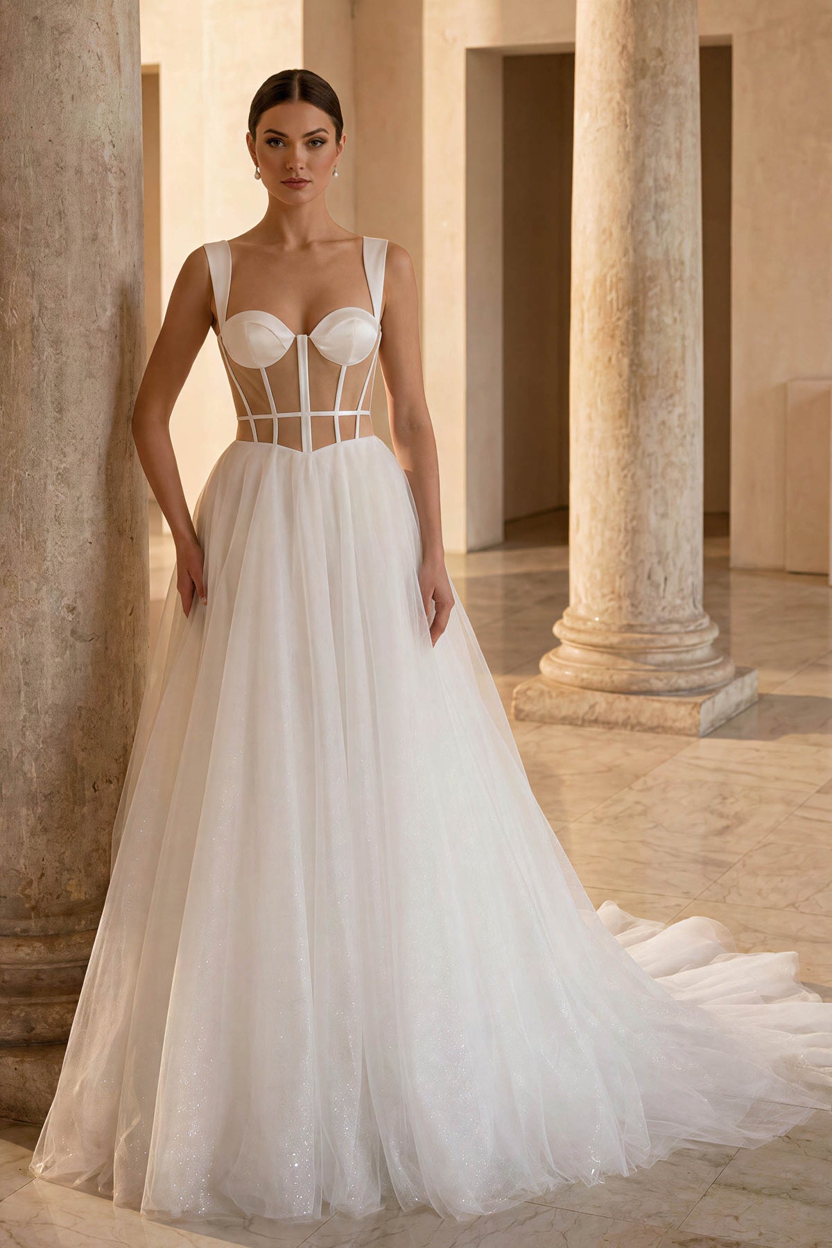 modern corset shimmery tulle wedding dress