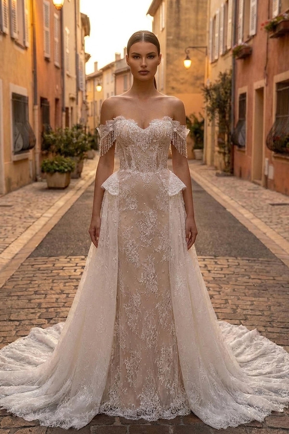 modern overskirt lace wedding dress