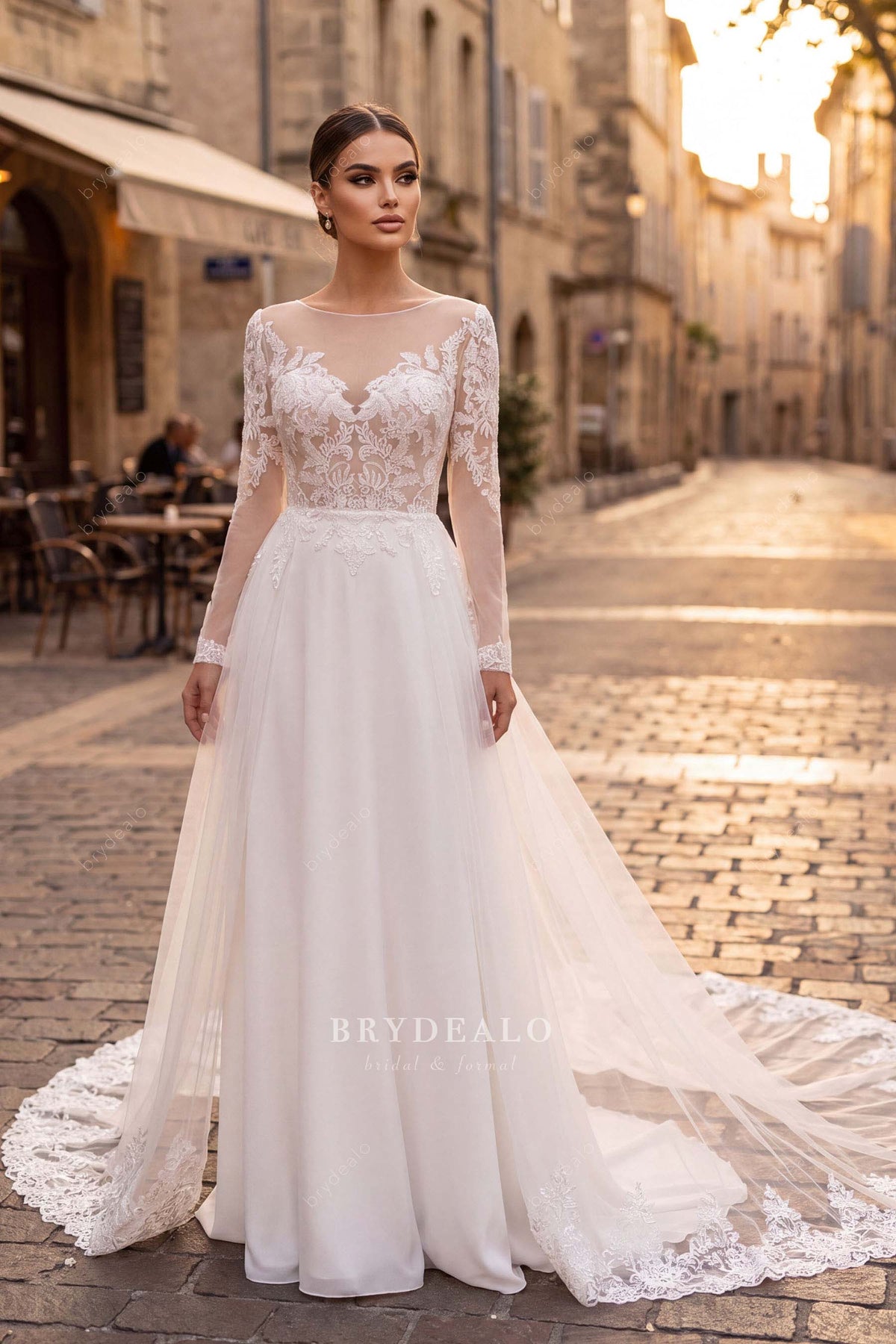 modern overskirt lace wedding dress