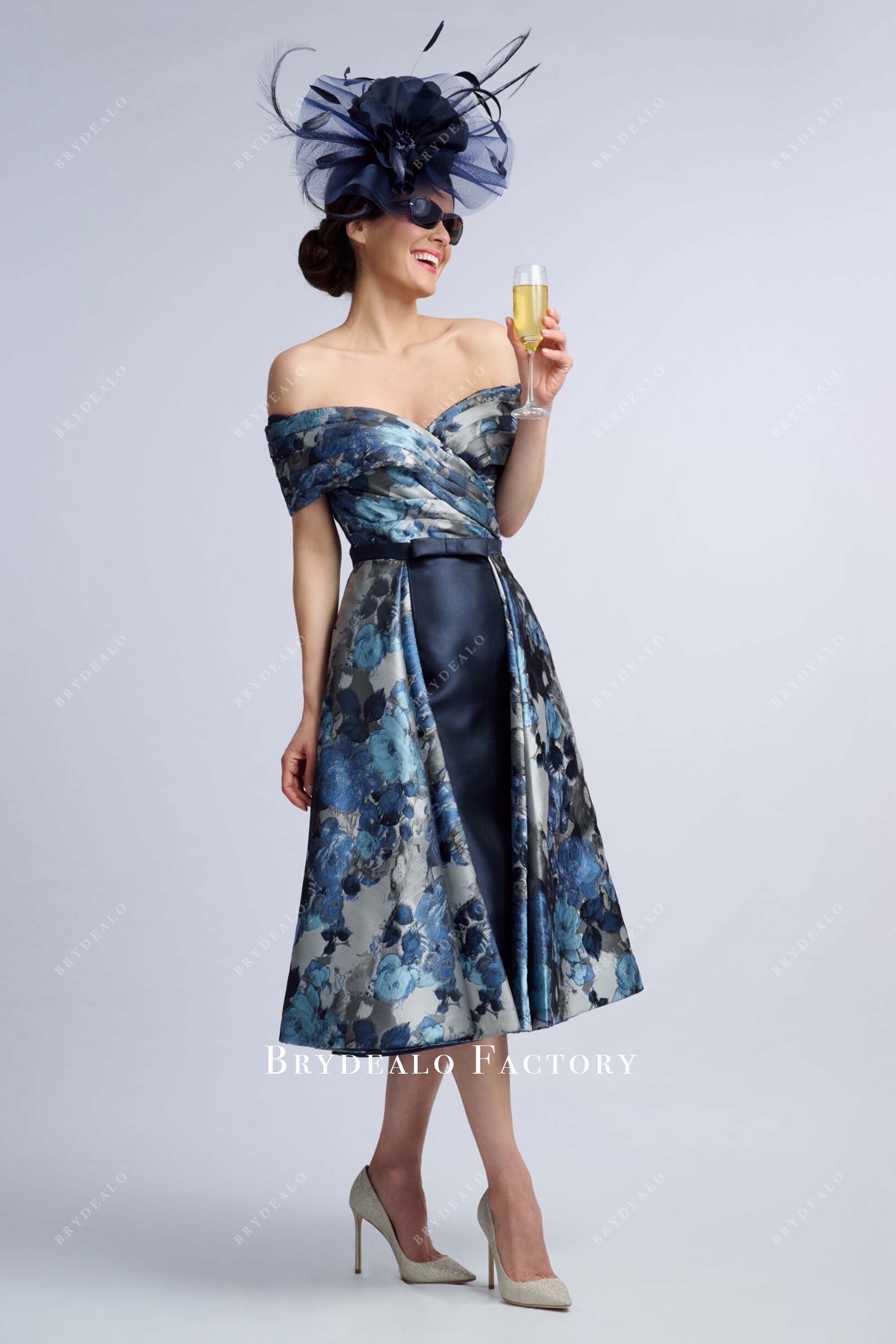 navy grey print off shoulder mother of bride dress