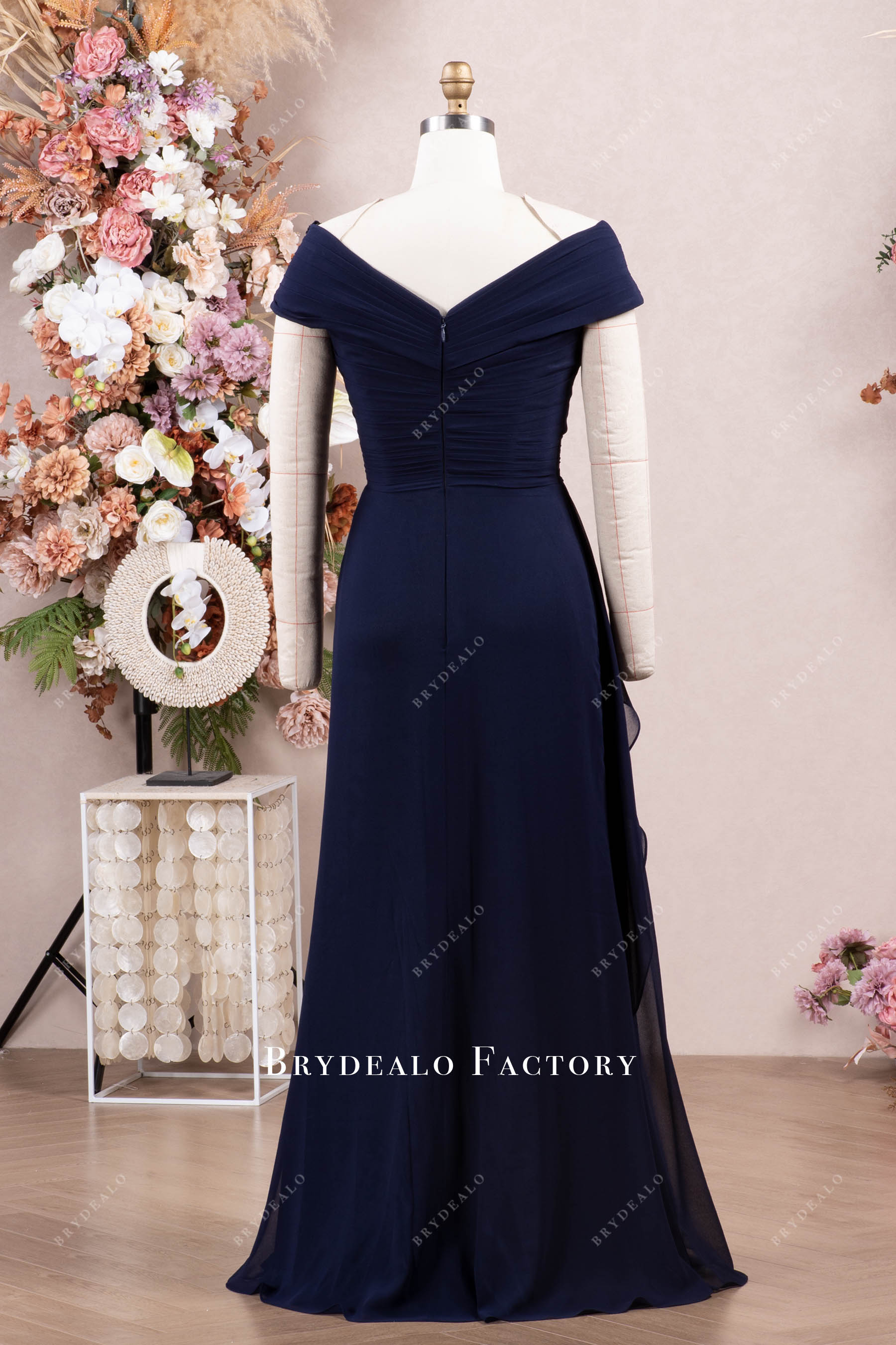 navy off-shoulder floor length formal dress