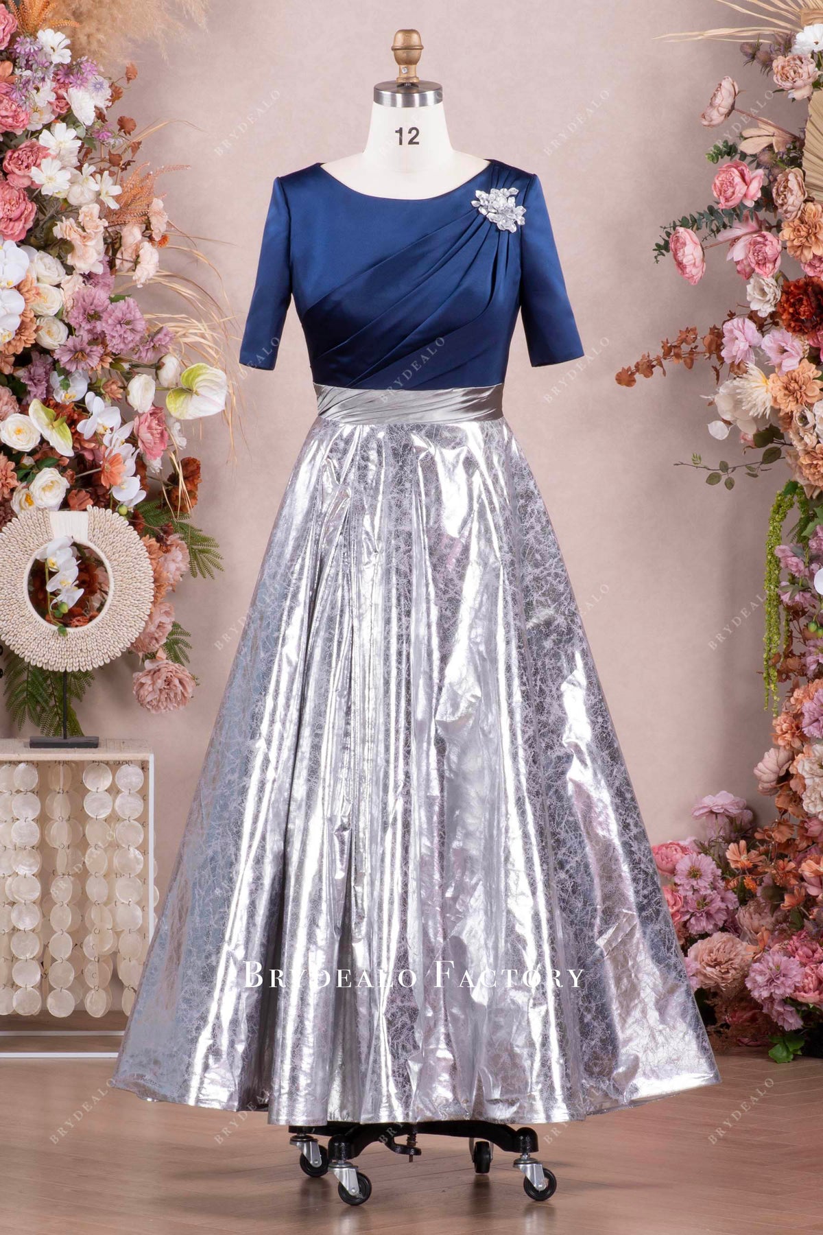 Ready To Ship TwoTone Navy Silver Ankle Length Mother Of Bride Dress