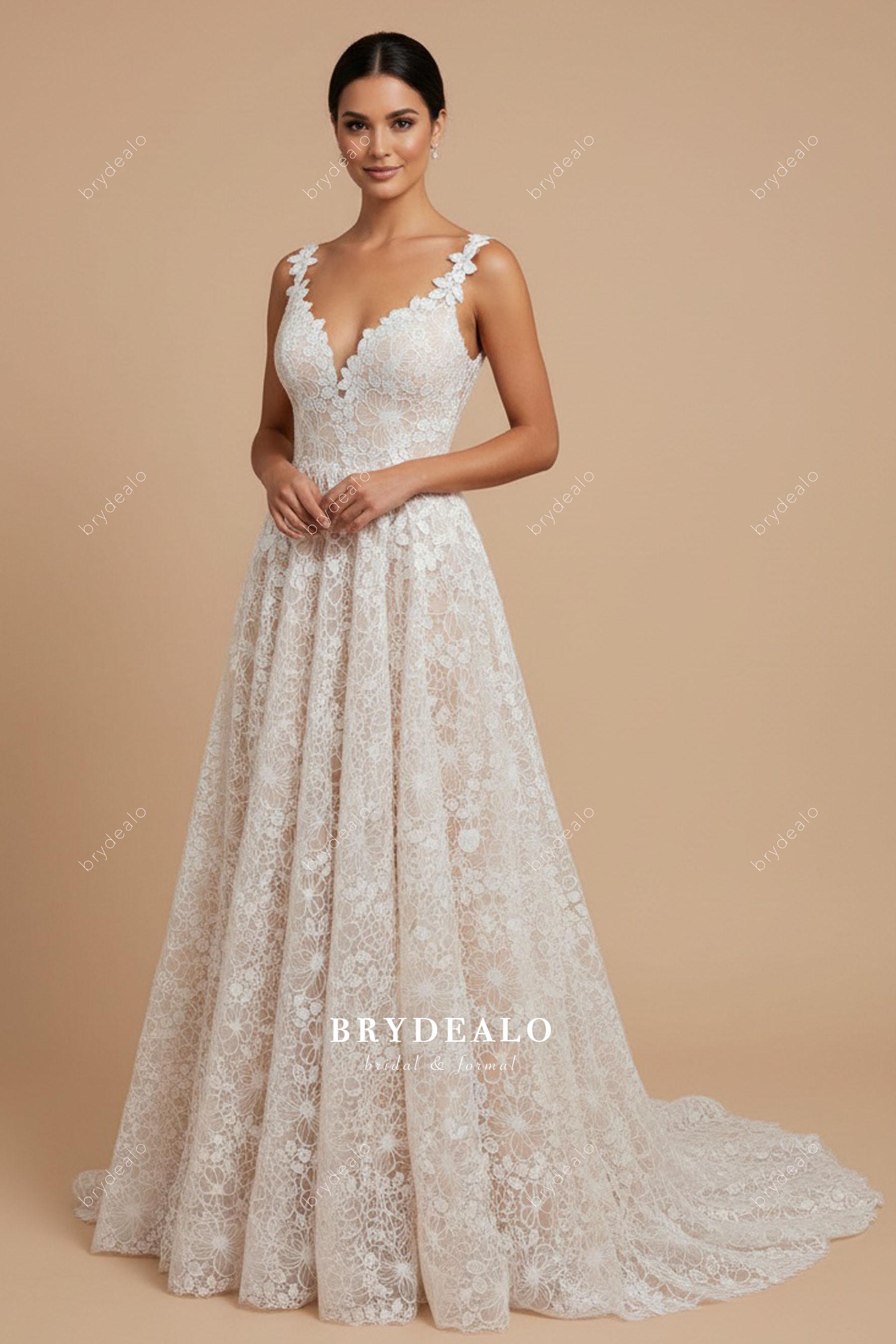 nude beige flower A-line wedding dress