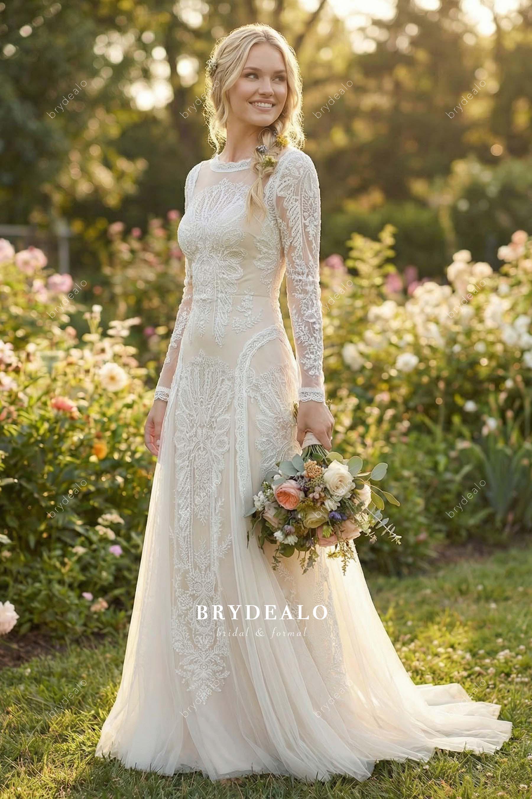 nude pink lace court train bridal dress