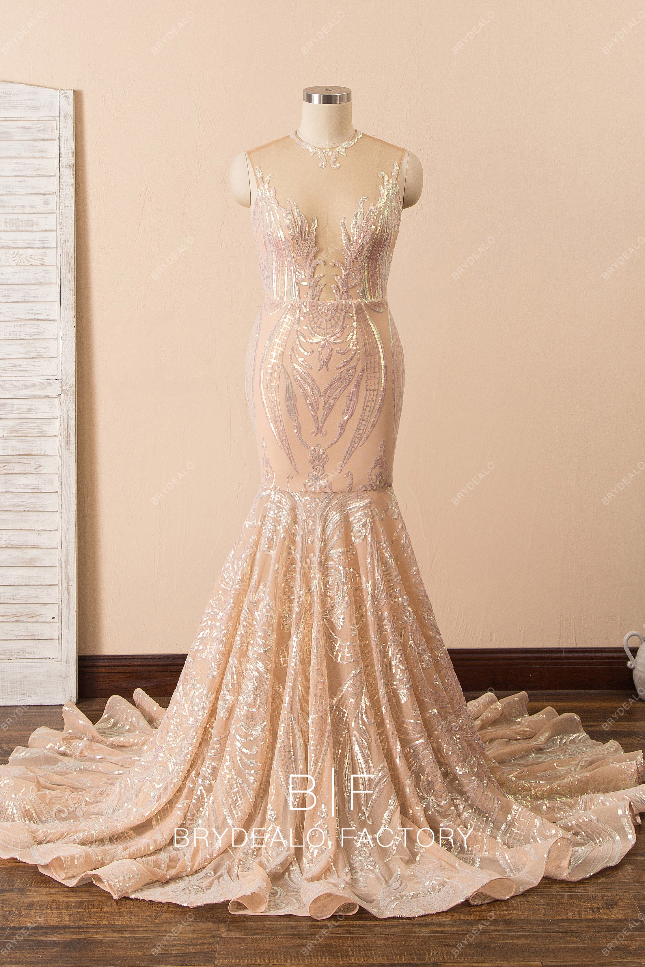 nude sparkly sequin mermaid prom dress