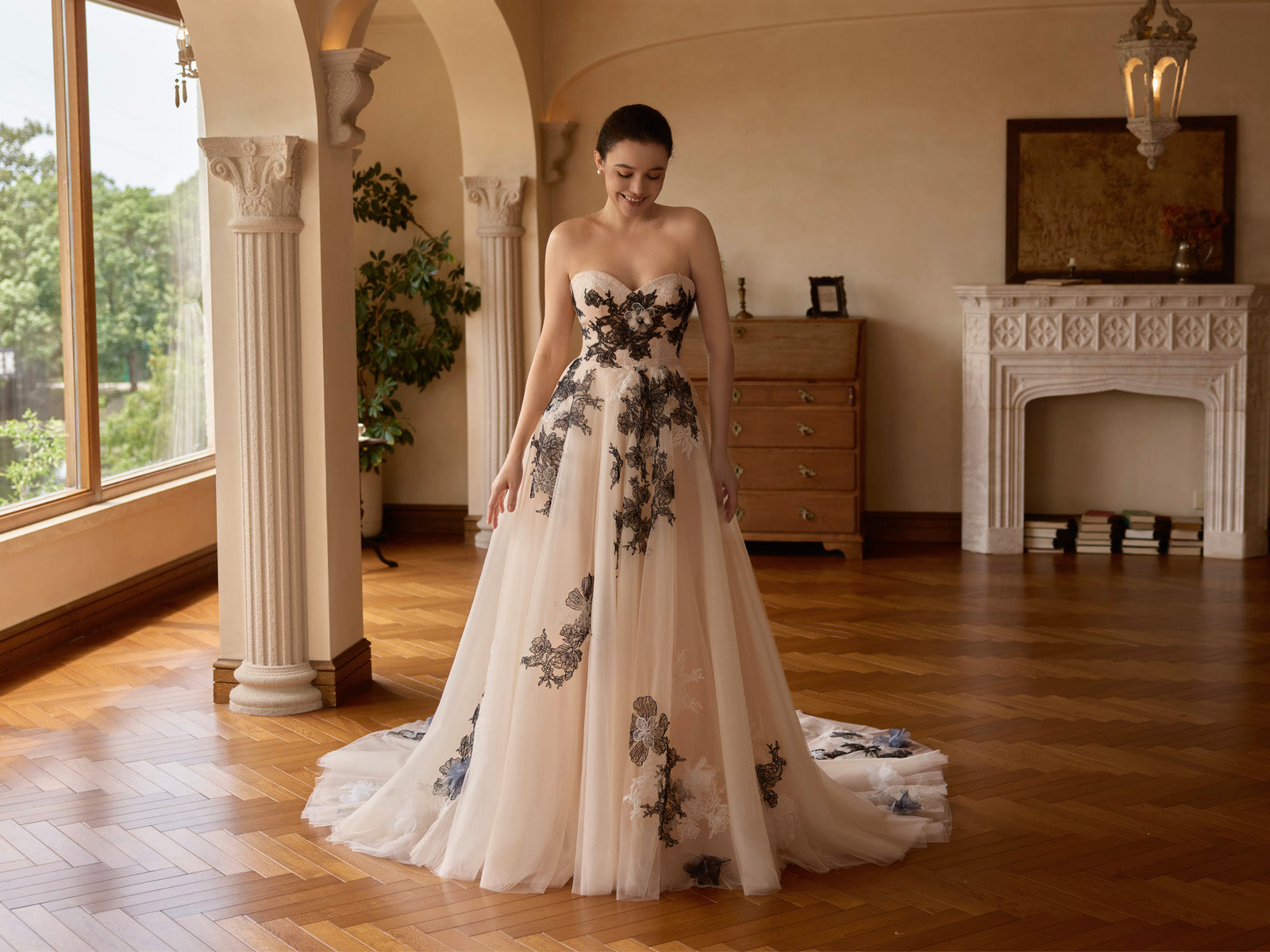 nude tulle black lace puffy wedding dress
