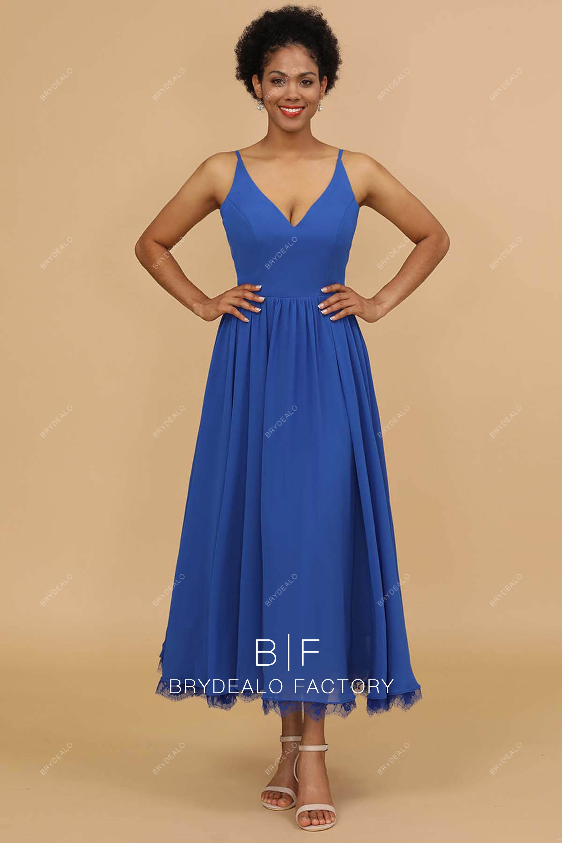 ocean blue chiffon tea length bridesmaid dress