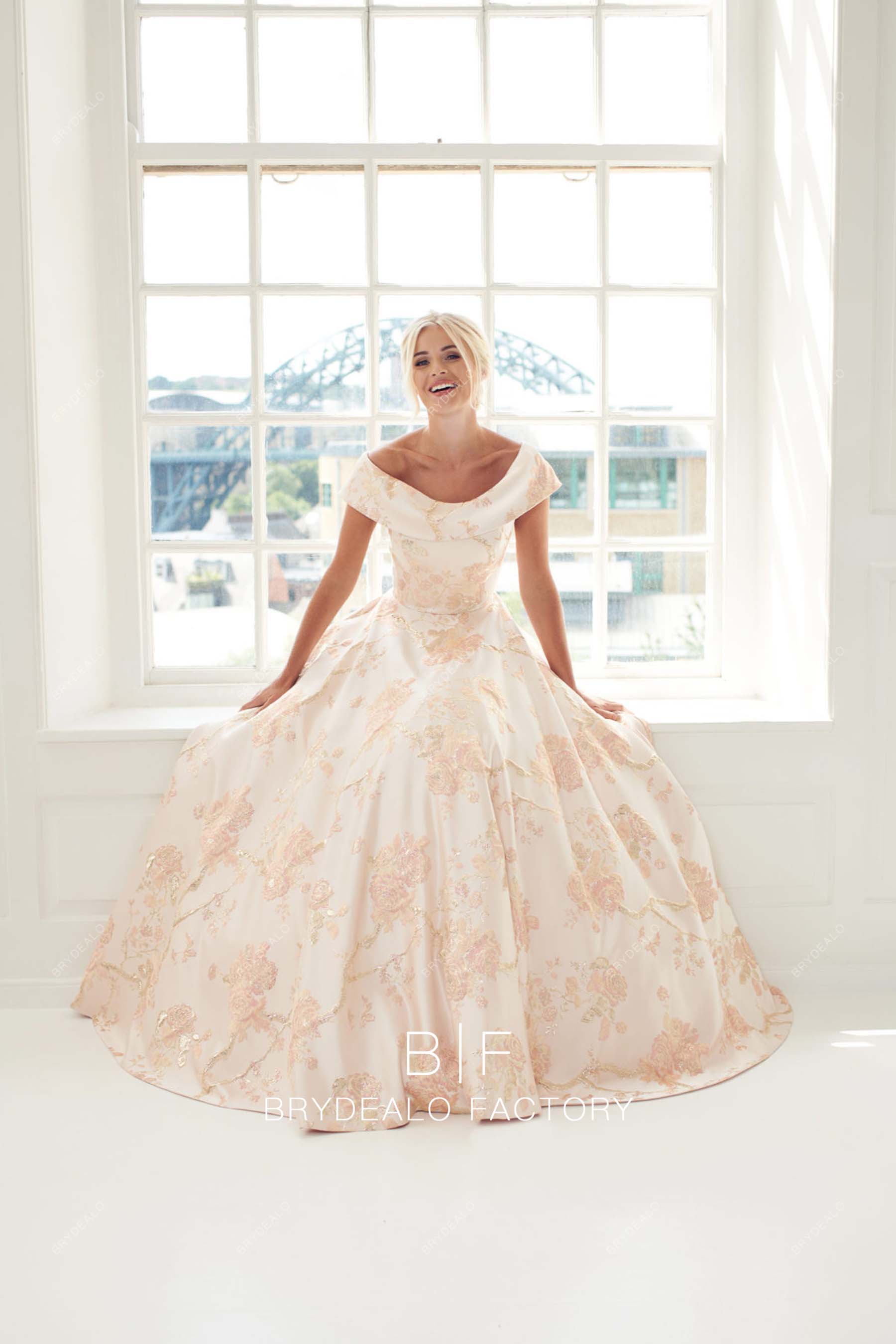 off shoulder ball gown pearl pink wedding dress