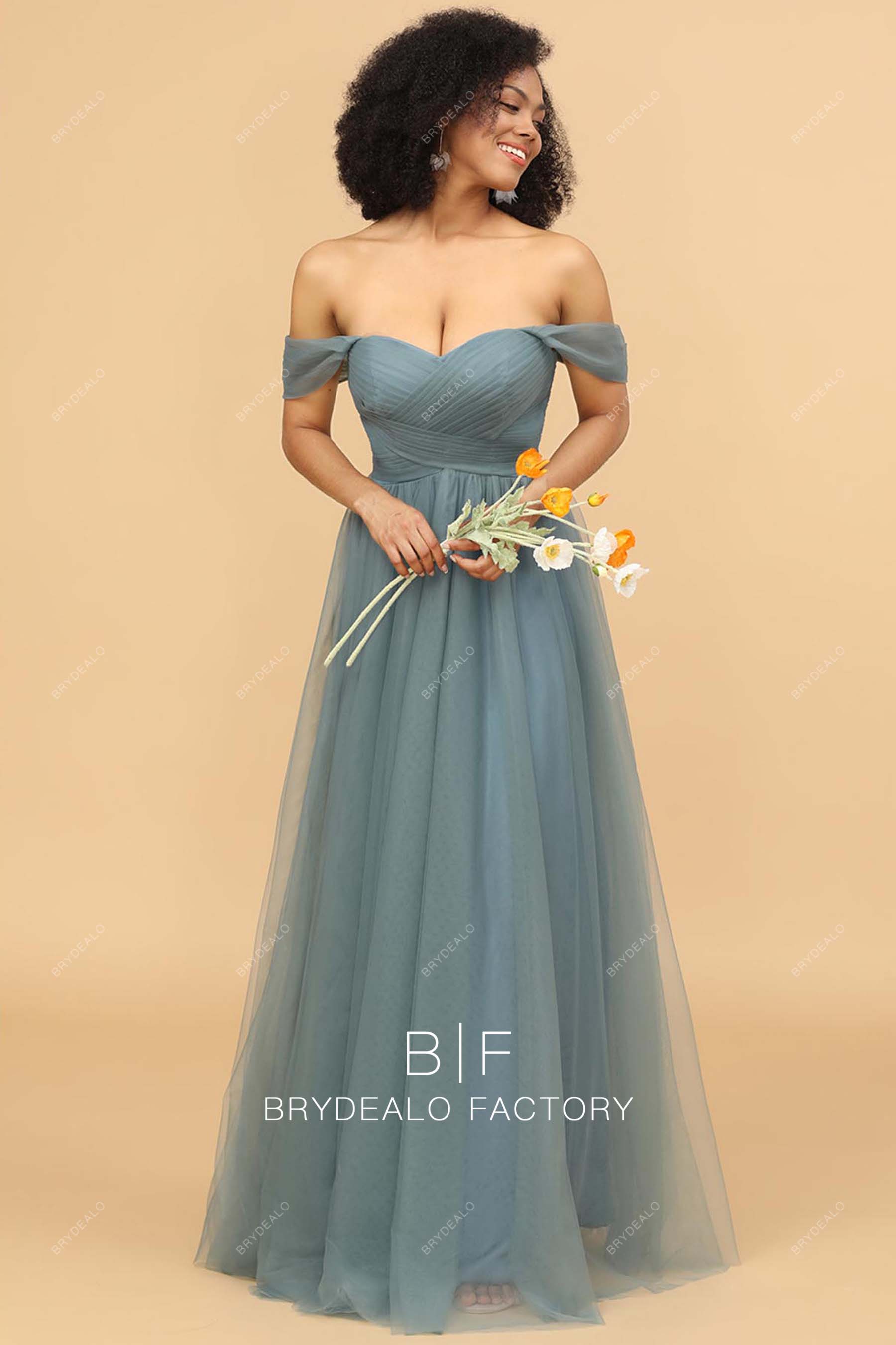 Crisscross Pleated Tulle Off-shoulder Tulle Bridesmaid Dress
