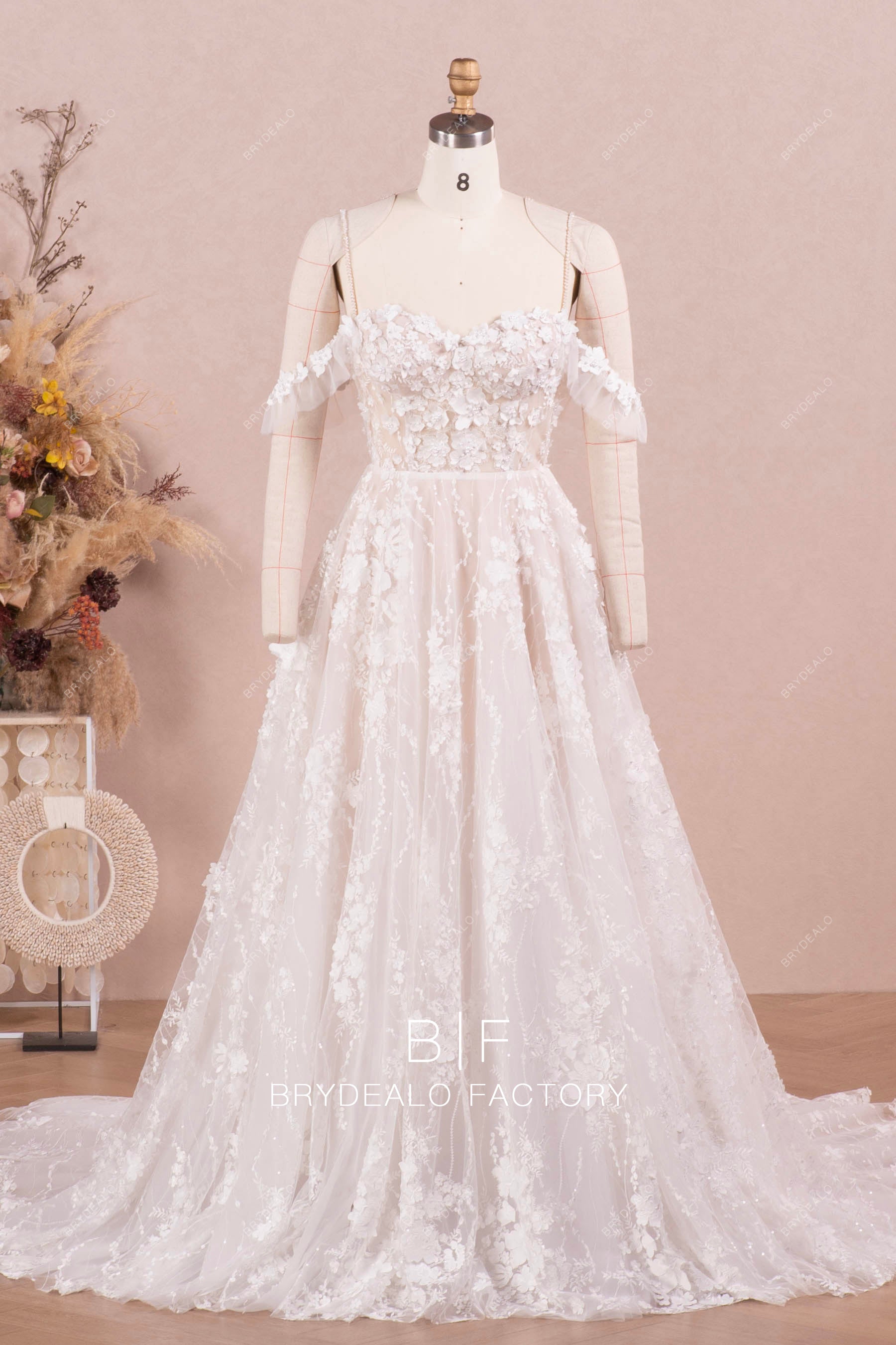 off shoulder corset flower lace Aline wedding dress
