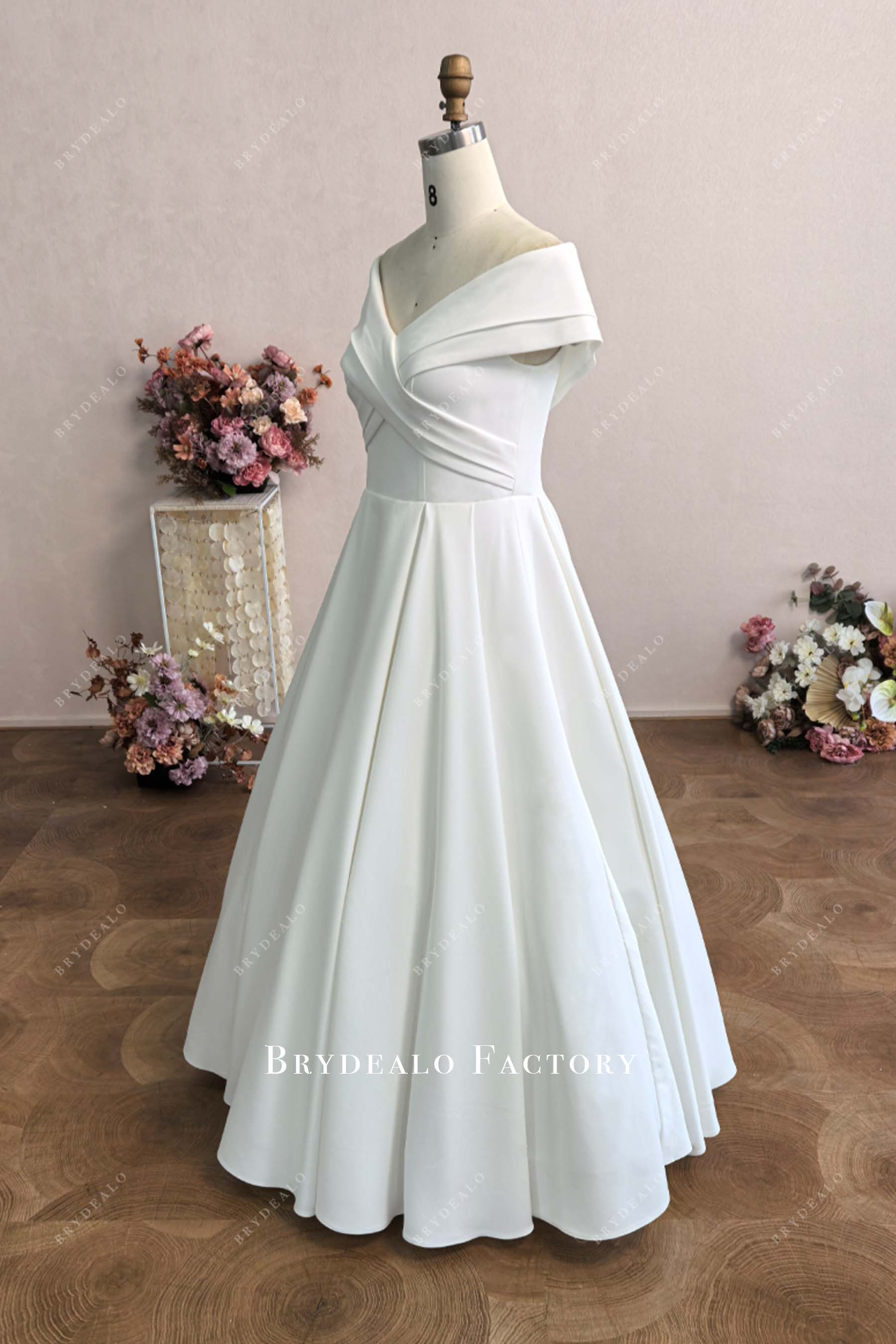 off shoulder crepe puffy wedding dress