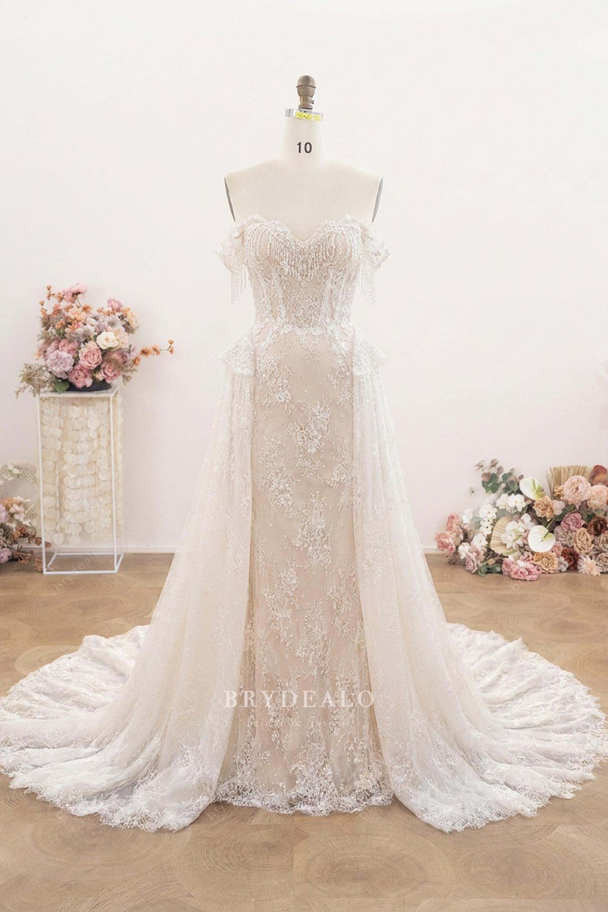 off-shoulder crystal tassel overskirt wedding dress