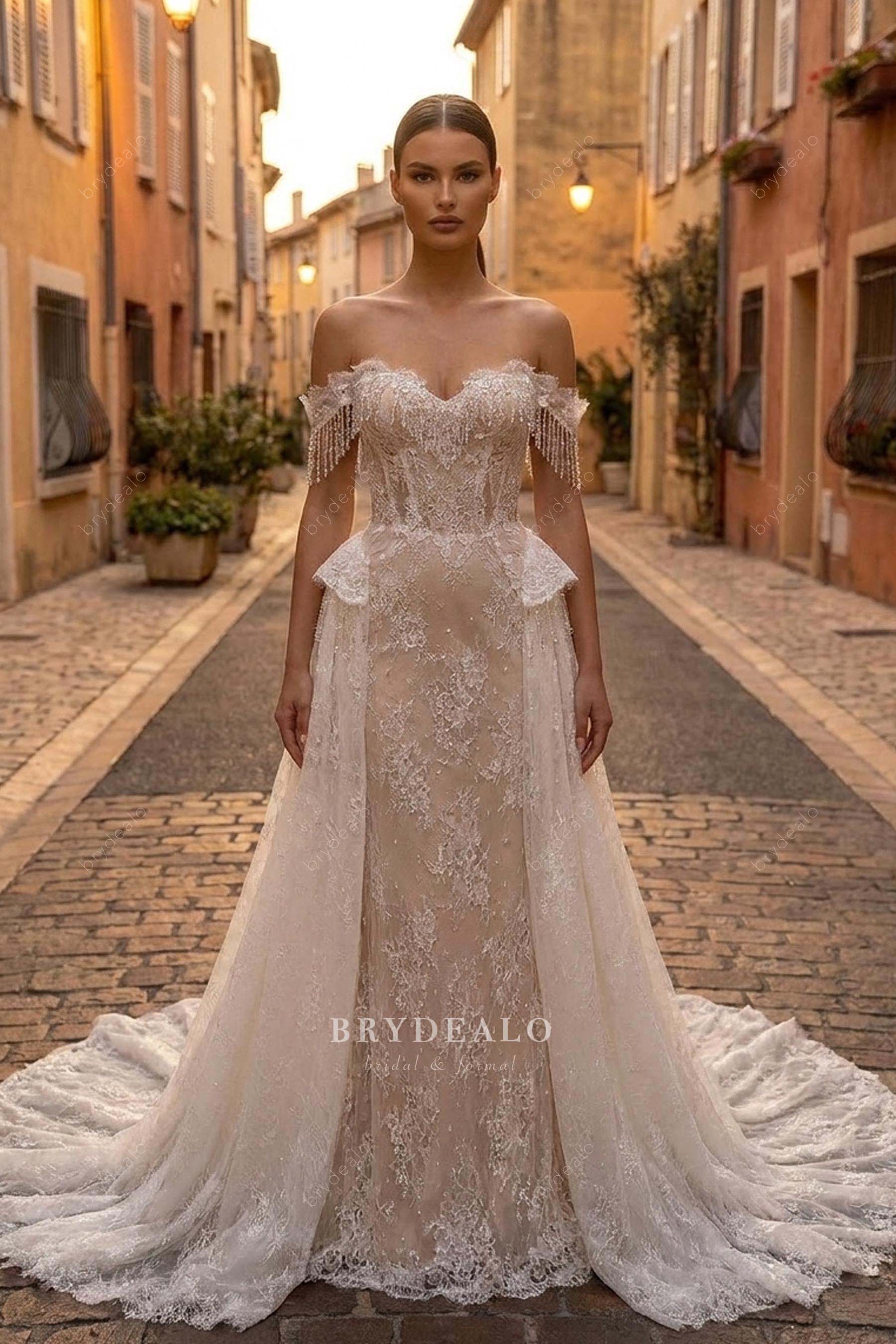 off-shoulder crystal tassel wedding dress