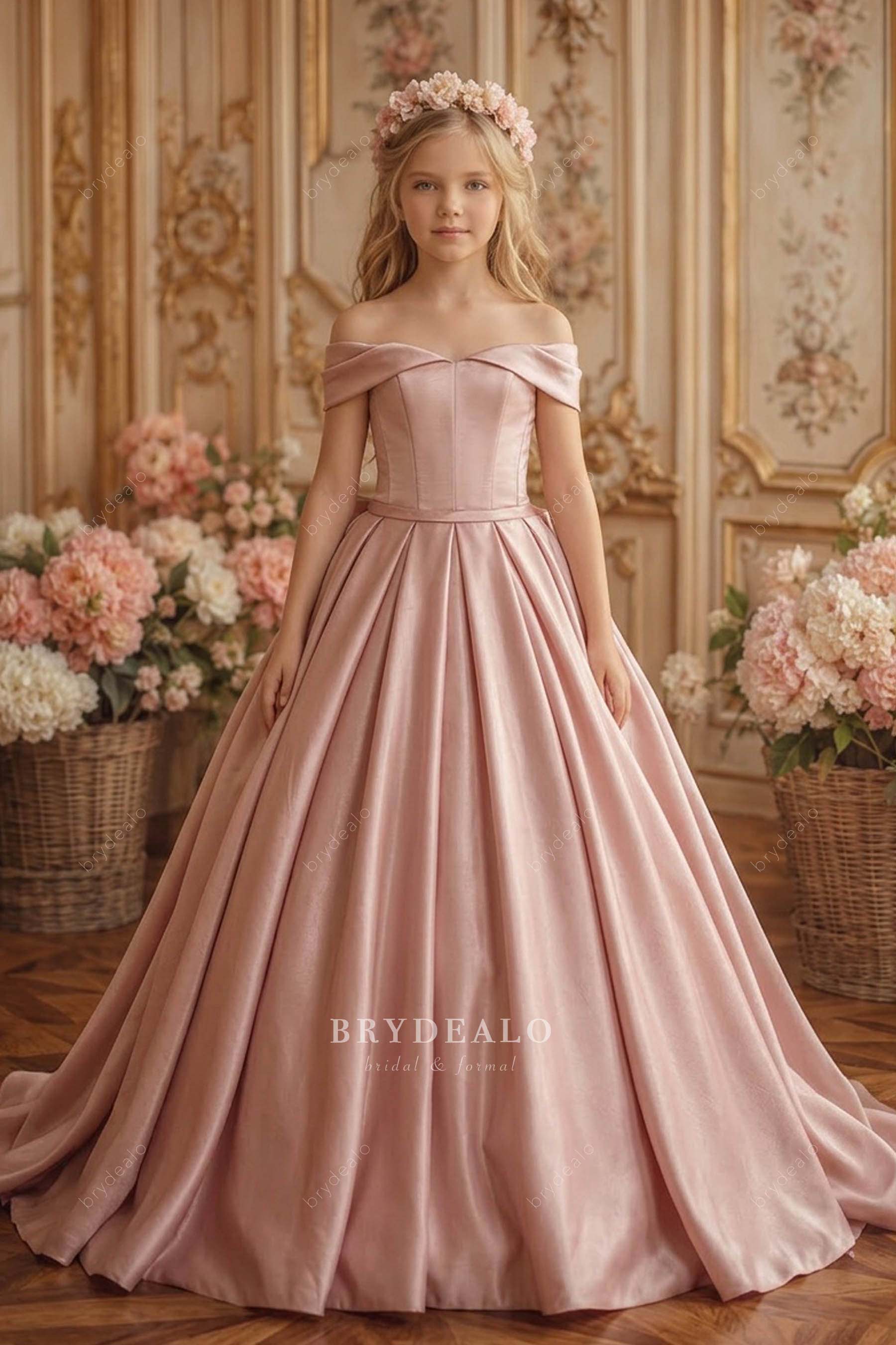 off-shoulder dusty rose satin kids formal gown