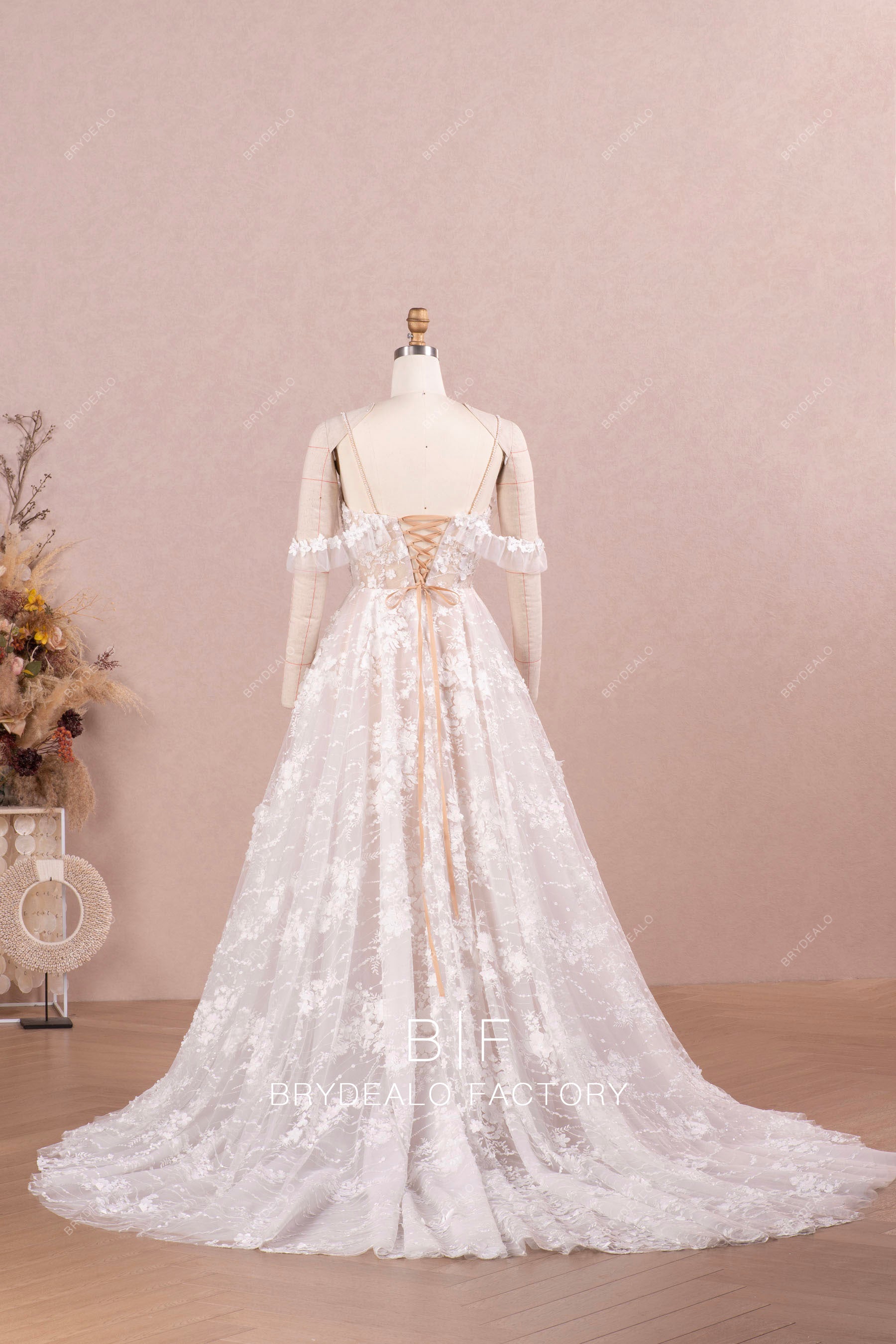 off shoulder flower lace long wedding dress