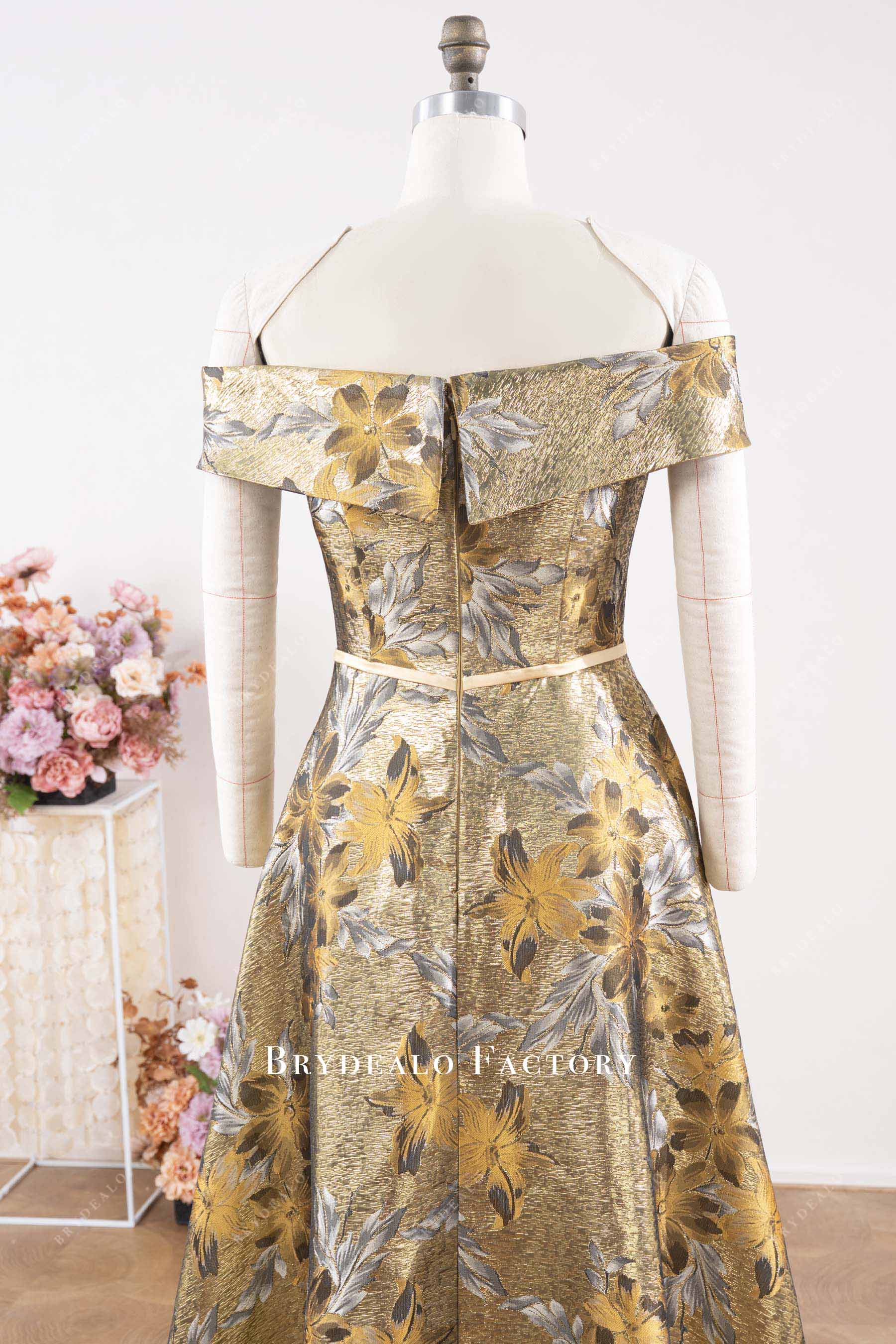 off-shoulder gold formal dress