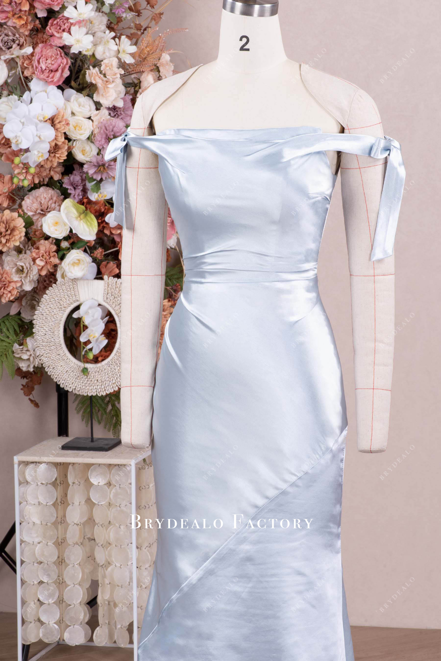 off-shoulder knots satin bridesmaid dress