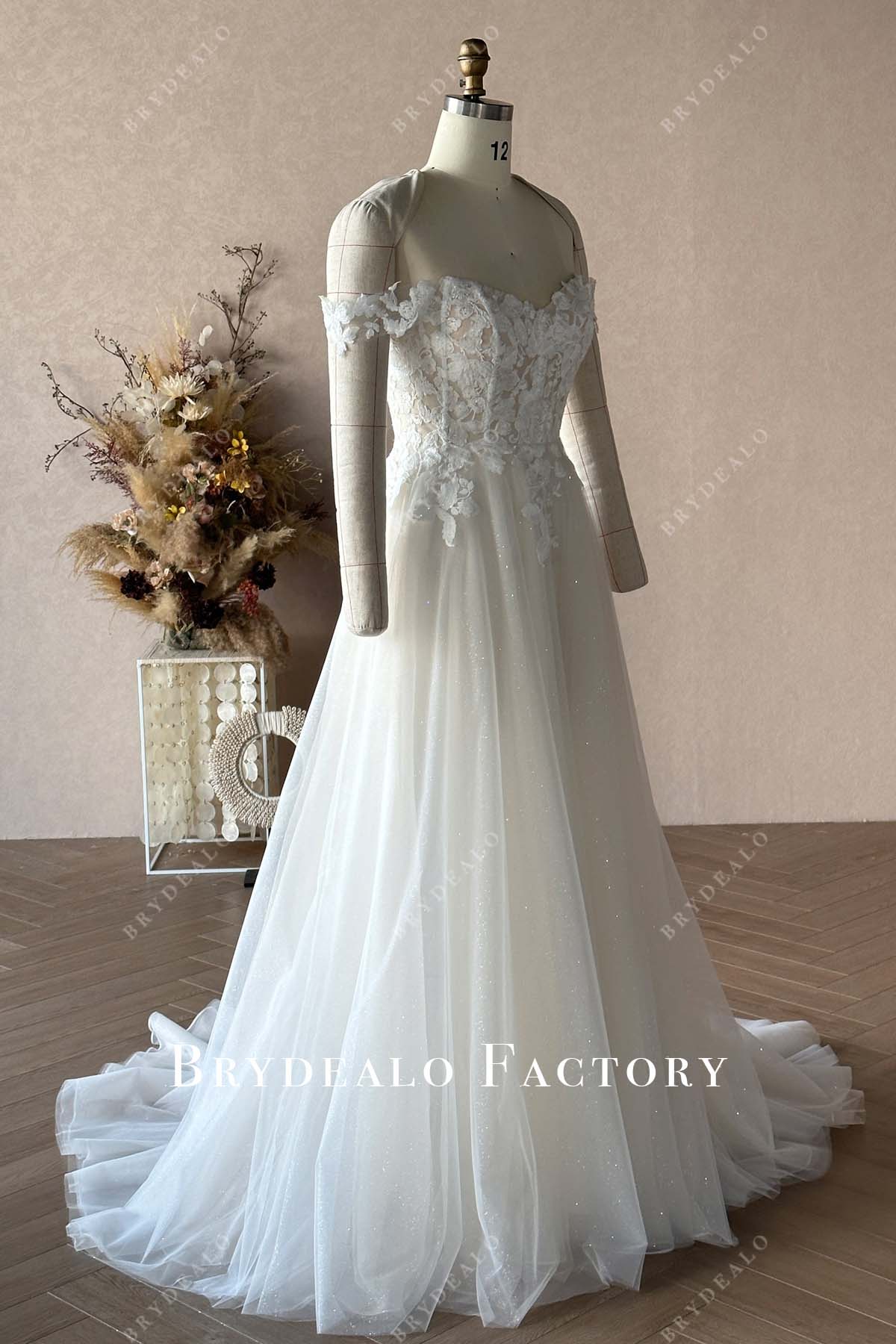 off shoulder lace A-line wedding dress long train