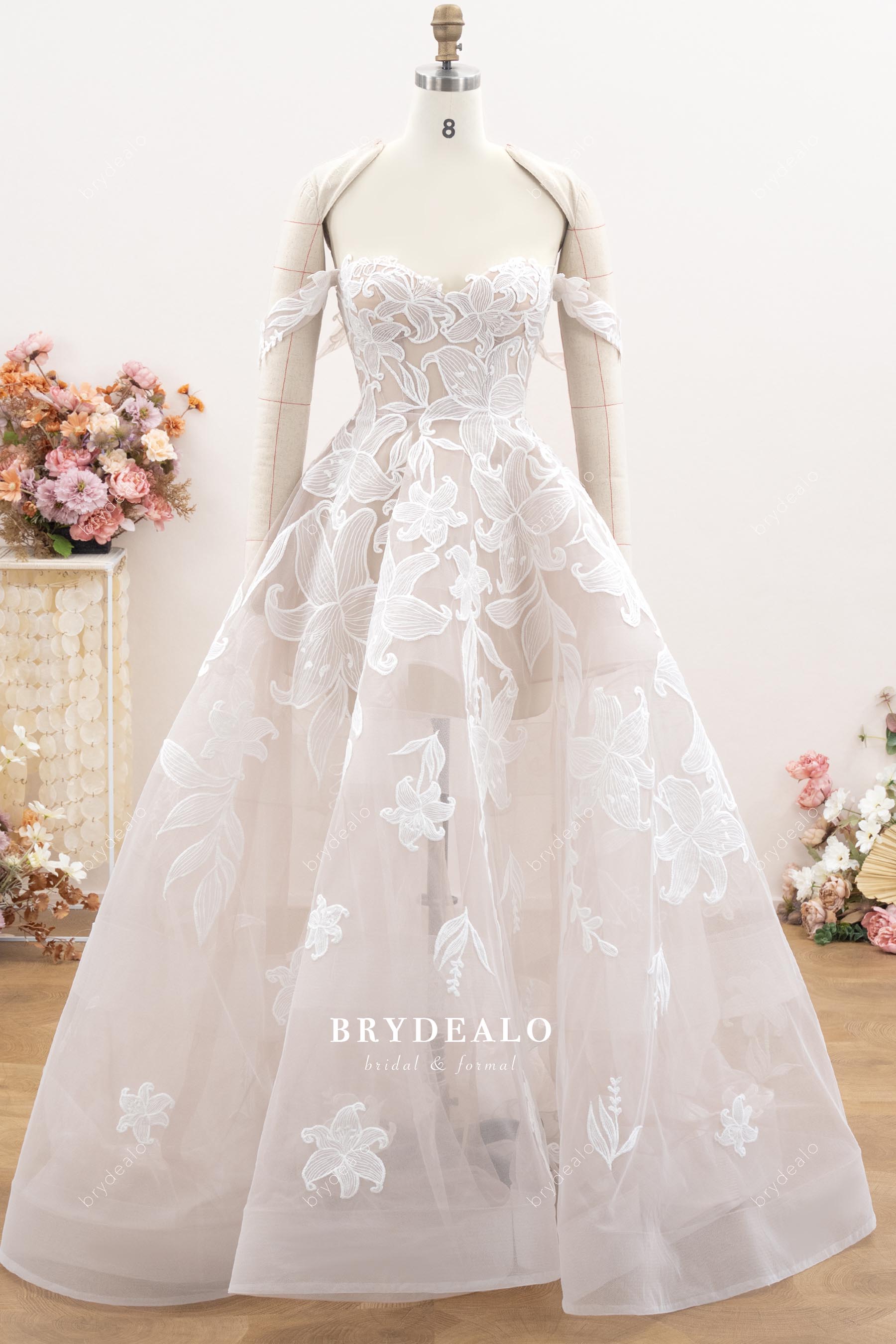off-shoulder lace ballgown wedding dress