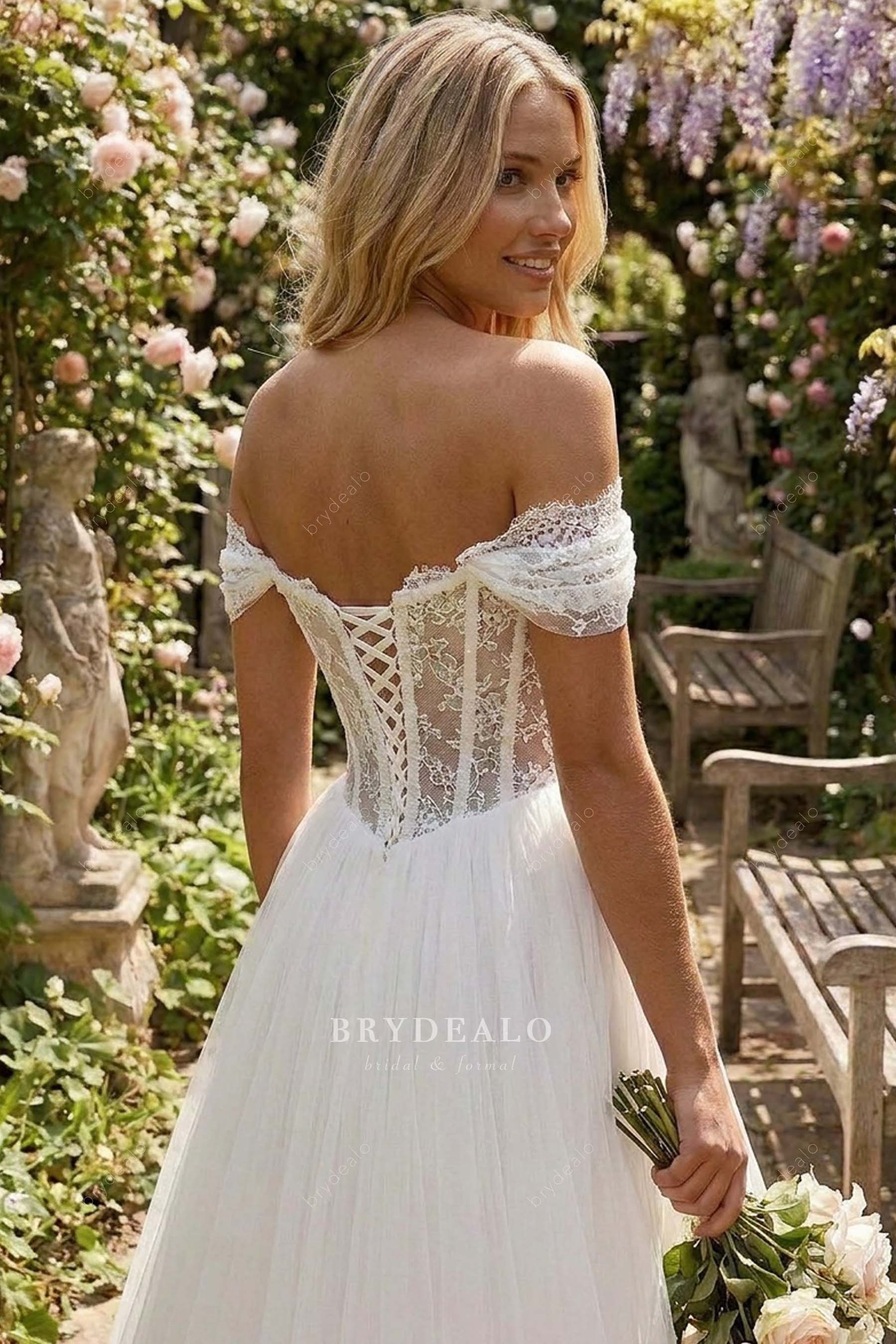 off-shoulder lace-up closure wedding dress