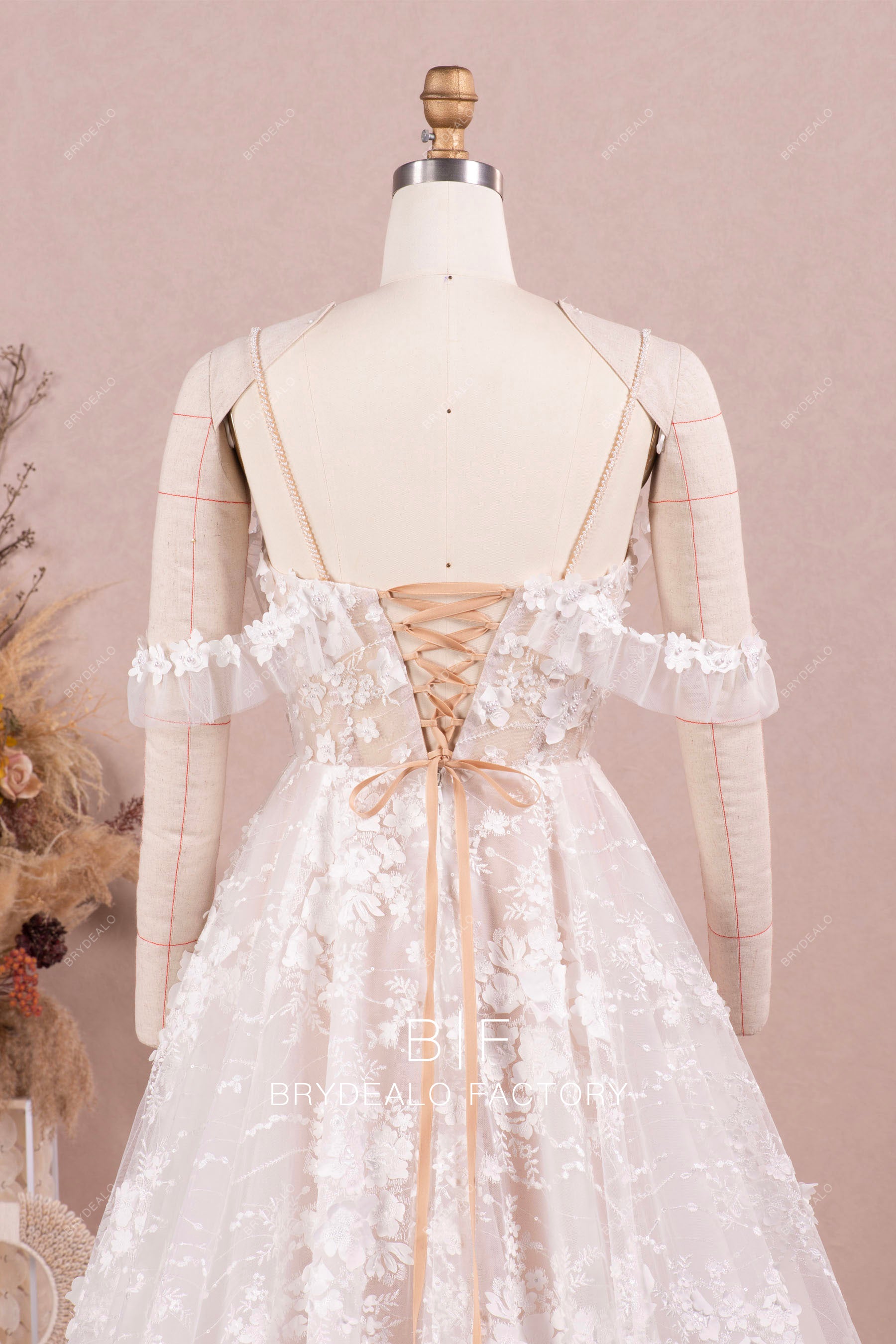 off shoulder lace up corset wedding dress